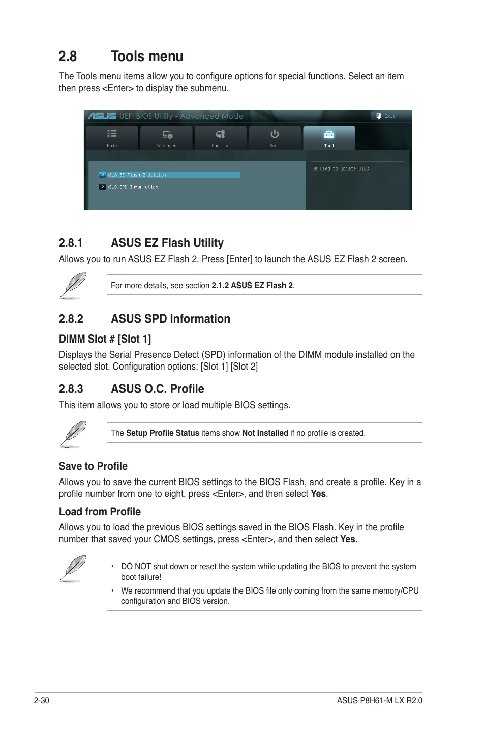 8 tools menu, 1 asus ez flash utility, 2 asus spd information | 3 asus o.c. profile, Tools menu -30 2.8.1, Asus ez flash utility -30, Asus spd information -30, Asus o.c. profile -30 | Asus P8H61-M LX R2.0 User Manual | Page 72 / 78