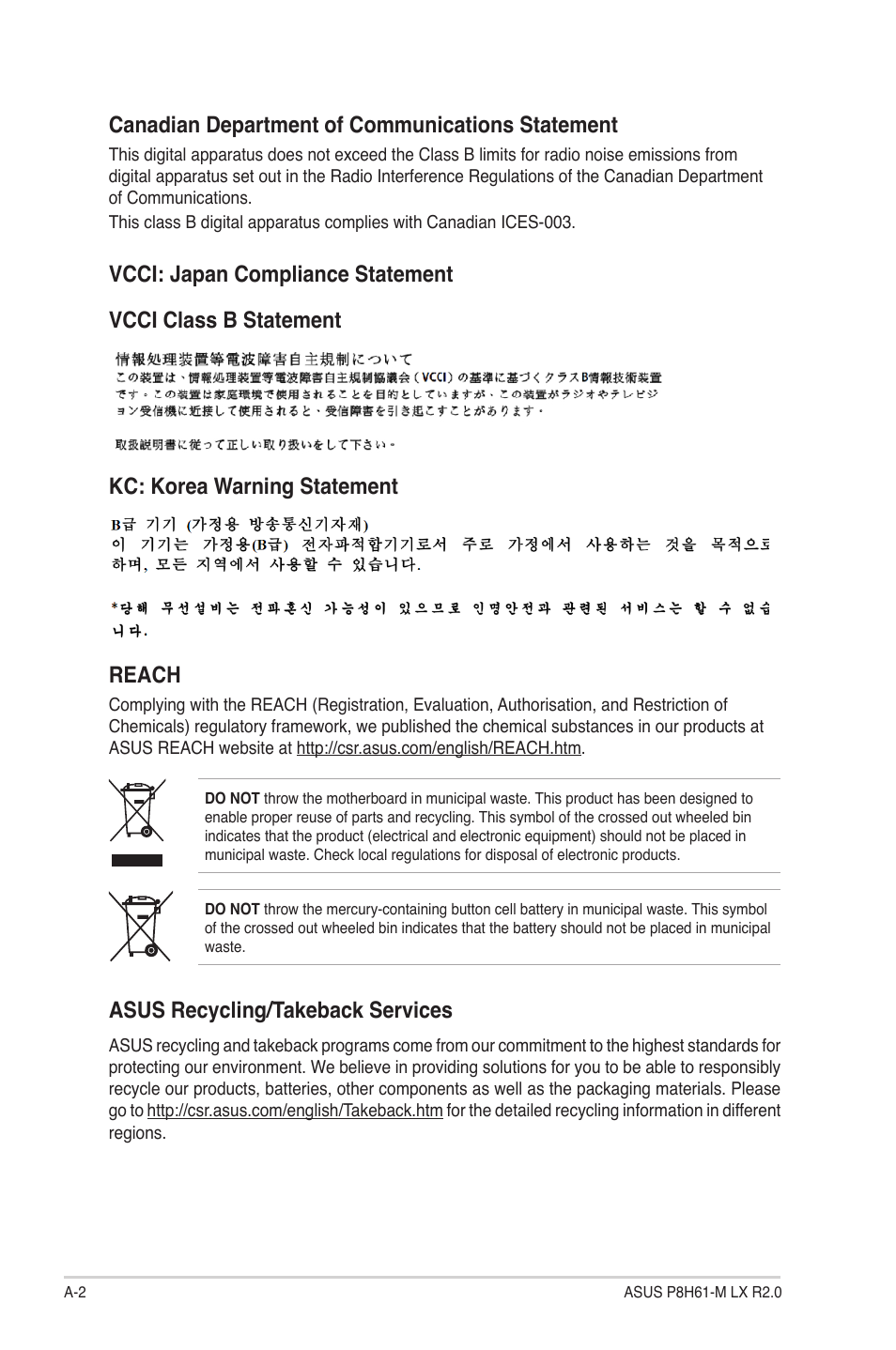 Reach, Asus recycling/takeback services | Asus P8H61-M LX R2.0 User Manual | Page 76 / 78