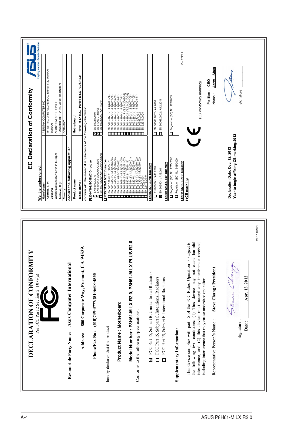 Declaration of conformity, Ec declaration of conformity, Asu s c om pu te r in te rn at io na l | Address: 800 corporate way, fremont | Asus P8H61-M LX R2.0 User Manual | Page 78 / 78