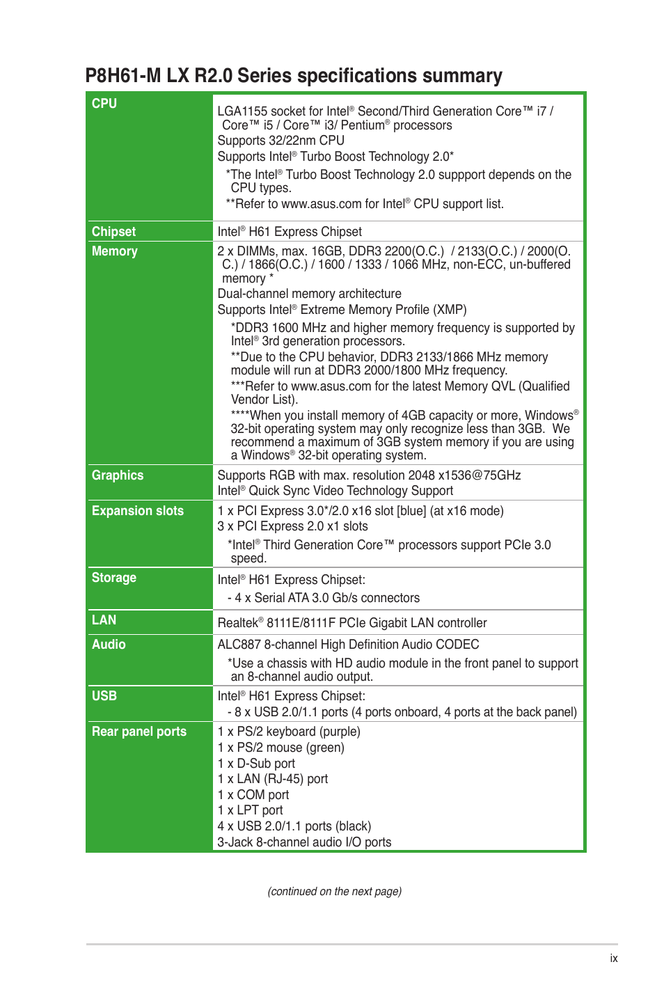 P8h61-m lx r2.0 series specifications summary | Asus P8H61-M LX R2.0 User Manual | Page 9 / 78