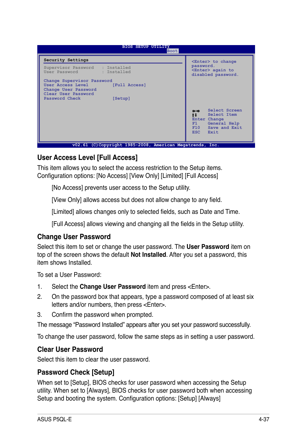 User access level [full access, Change user password, Clear user password | Password check [setup, Select this item to clear the user password | Asus P5QL-E User Manual | Page 102 / 165