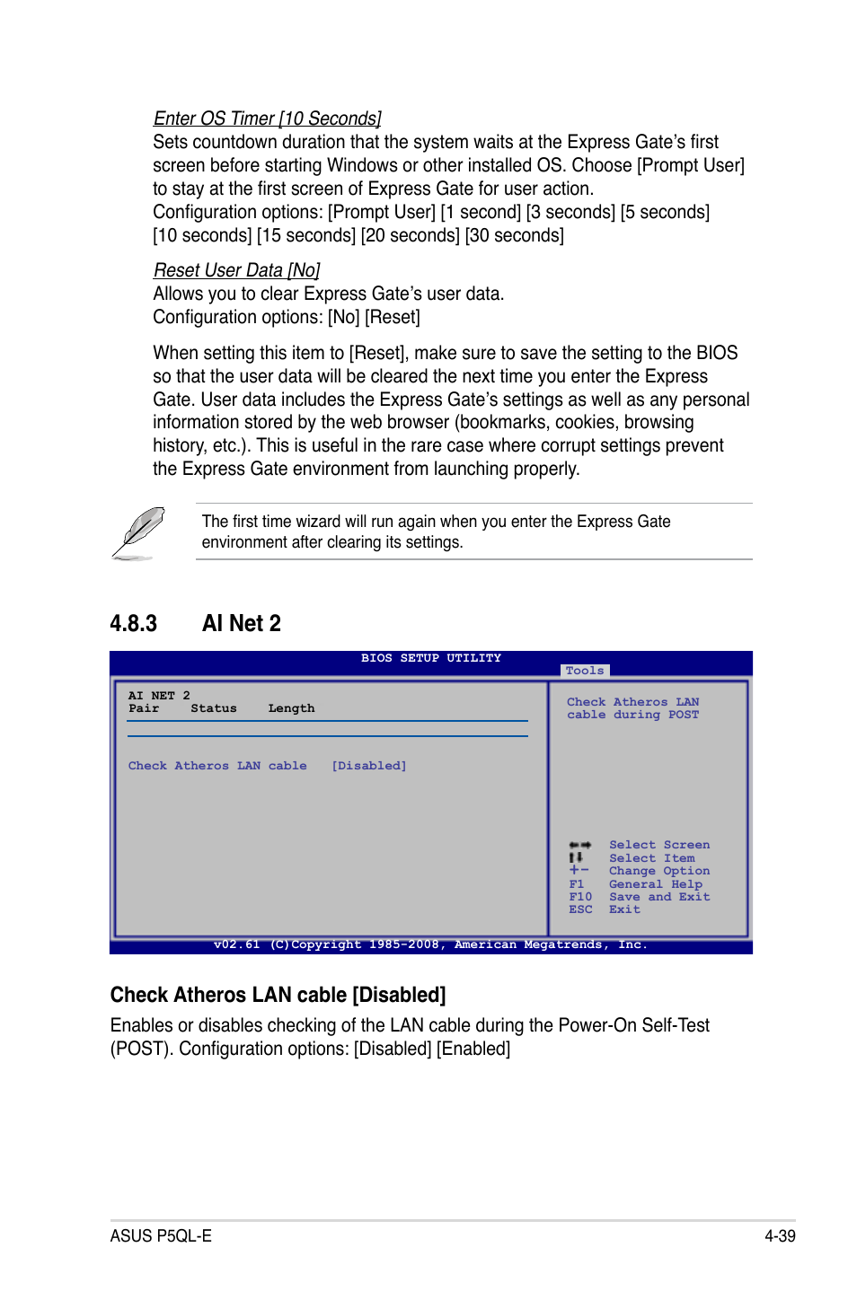 3 ai net 2, Check atheros lan cable [disabled | Asus P5QL-E User Manual | Page 104 / 165