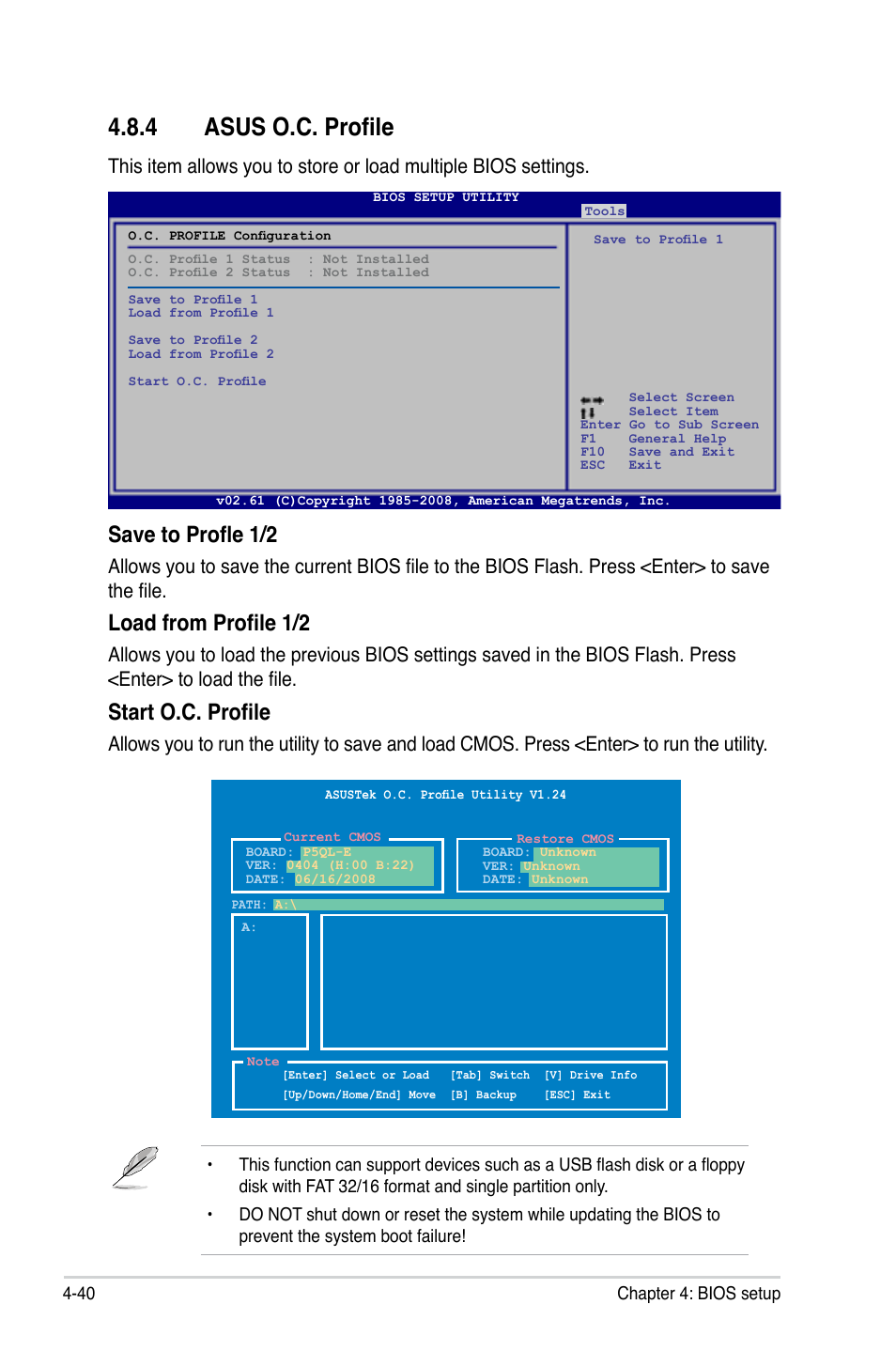 4 asus o.c. profile, Save to profle 1/2, Load from profile 1/2 | Start o.c. profile | Asus P5QL-E User Manual | Page 105 / 165