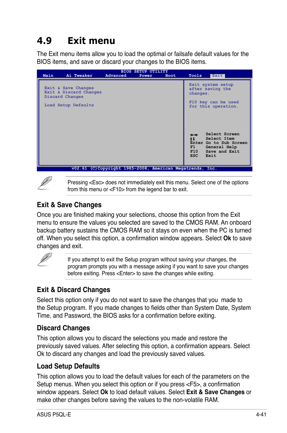 9 exit menu, Exit & save changes, Exit & discard changes | Discard changes, Load setup defaults | Asus P5QL-E User Manual | Page 106 / 165