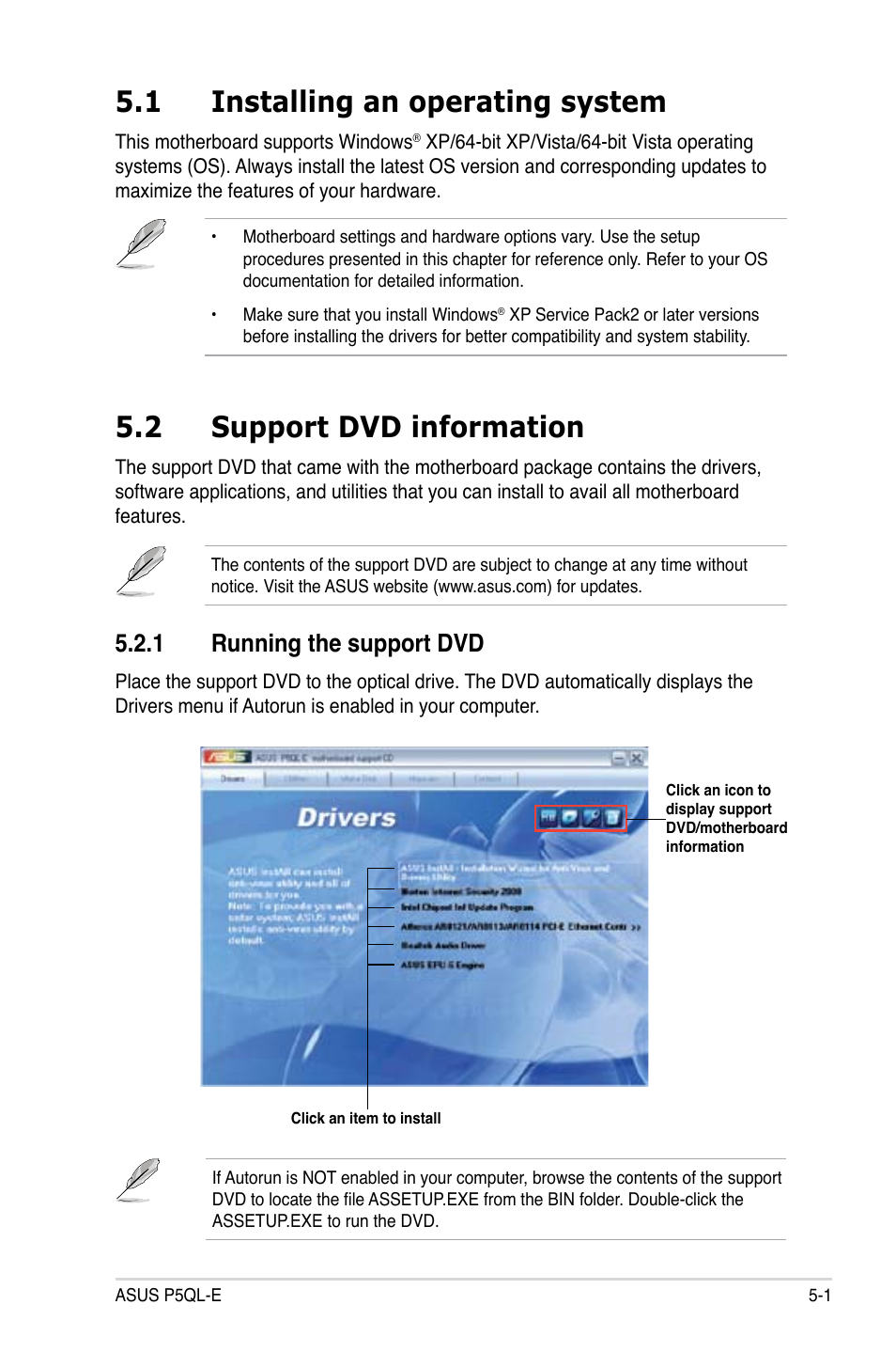 1 installing an operating system, 2 support dvd information, 1 running the support dvd | Asus P5QL-E User Manual | Page 110 / 165
