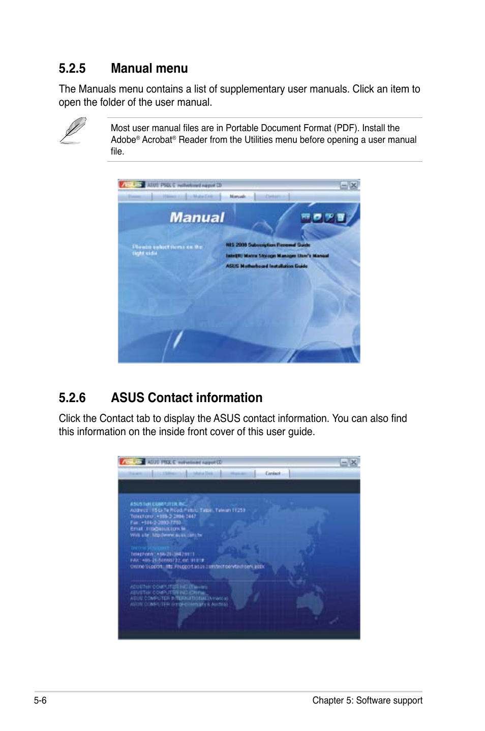 5 manual menu, 6 asus contact information | Asus P5QL-E User Manual | Page 115 / 165