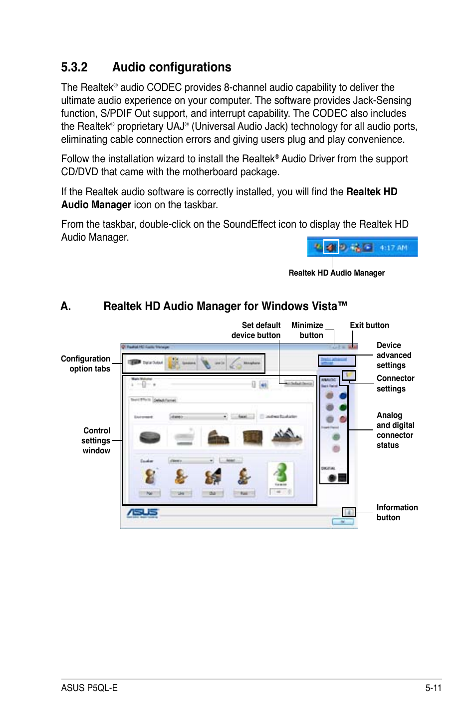 2 audio configurations, A. realtek hd audio manager for windows vista | Asus P5QL-E User Manual | Page 120 / 165