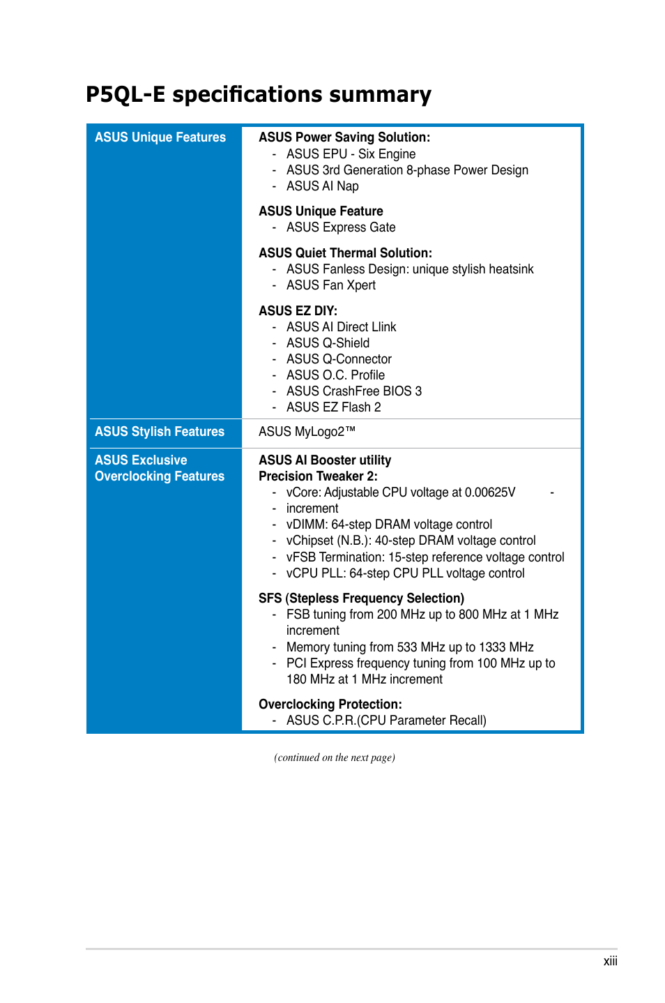 P5ql-e specifications summary | Asus P5QL-E User Manual | Page 13 / 165