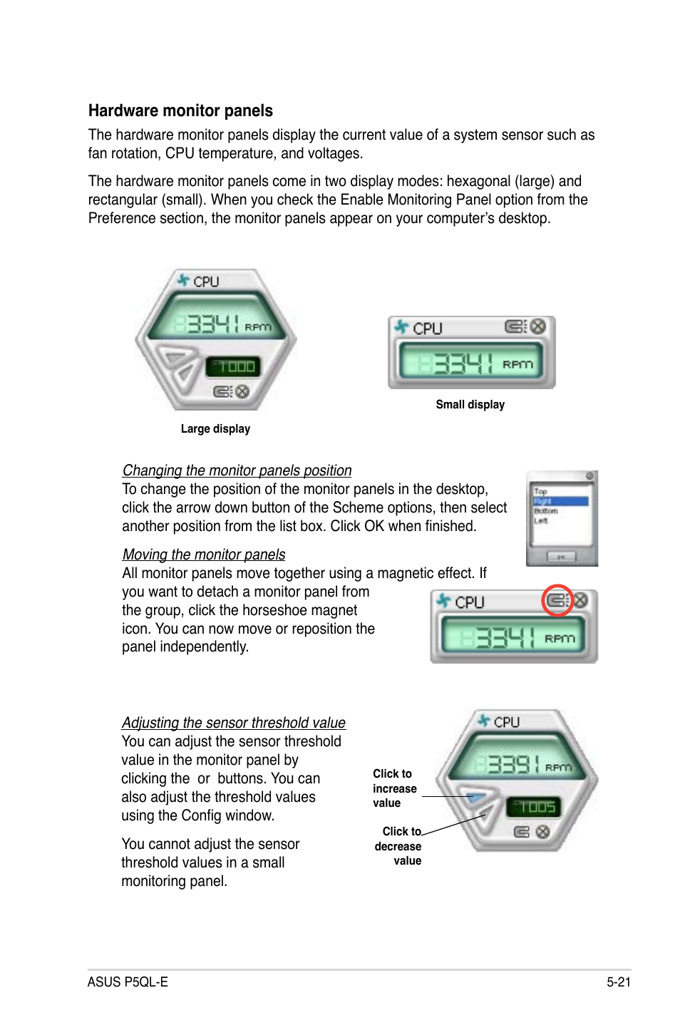 Hardware monitor panels | Asus P5QL-E User Manual | Page 130 / 165