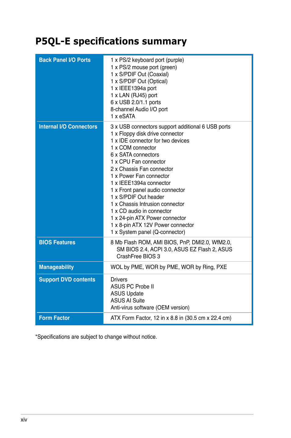 P5ql-e specifications summary | Asus P5QL-E User Manual | Page 14 / 165