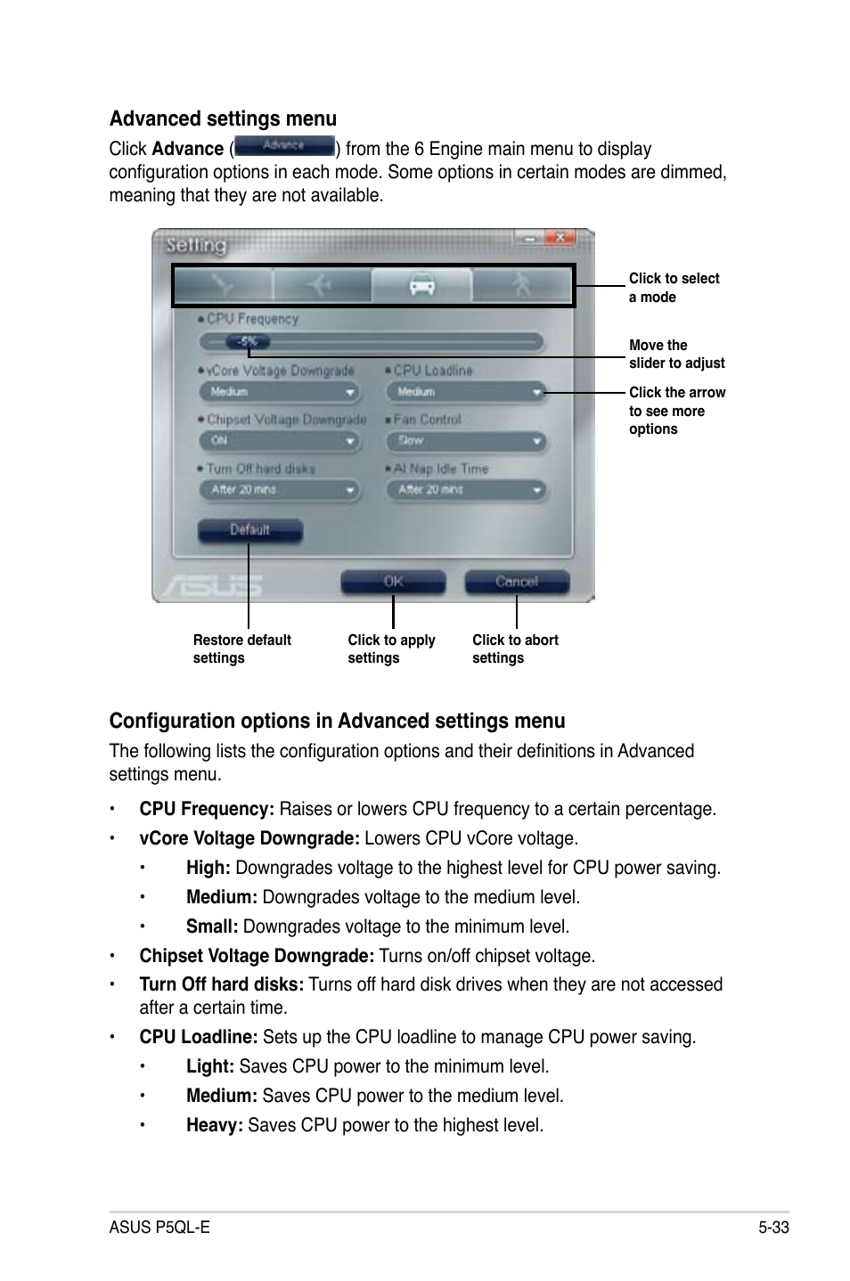 Advanced settings menu, Configuration options in advanced settings menu | Asus P5QL-E User Manual | Page 142 / 165