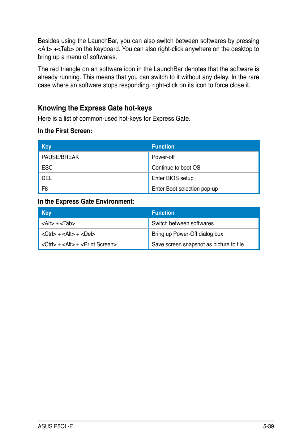 Knowing the express gate hot-keys | Asus P5QL-E User Manual | Page 148 / 165