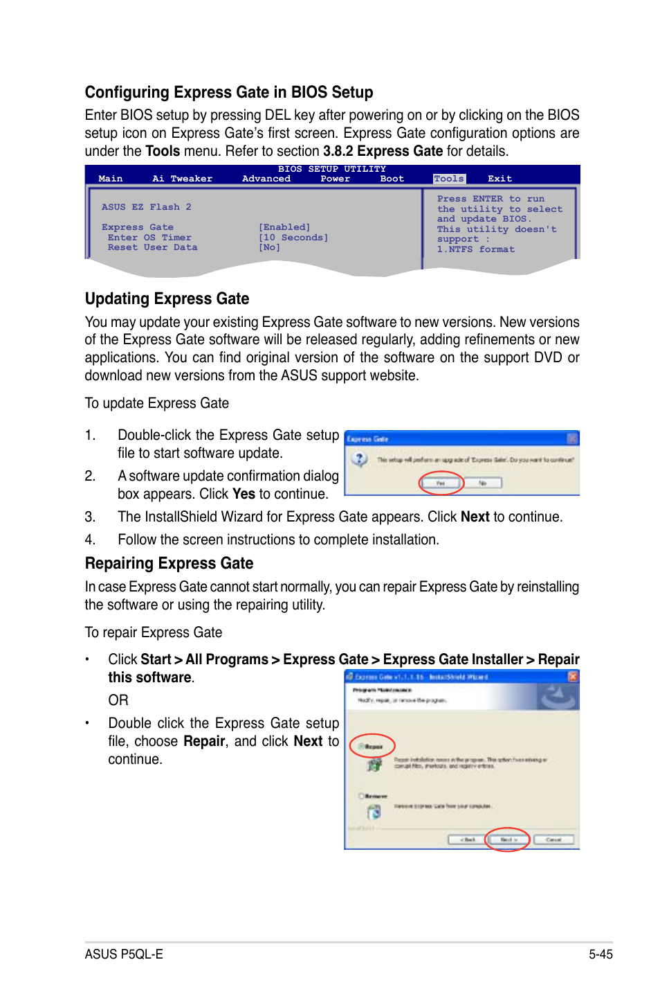 Configuring express gate in bios setup, Updating express gate, Repairing express gate | Asus P5QL-E User Manual | Page 154 / 165