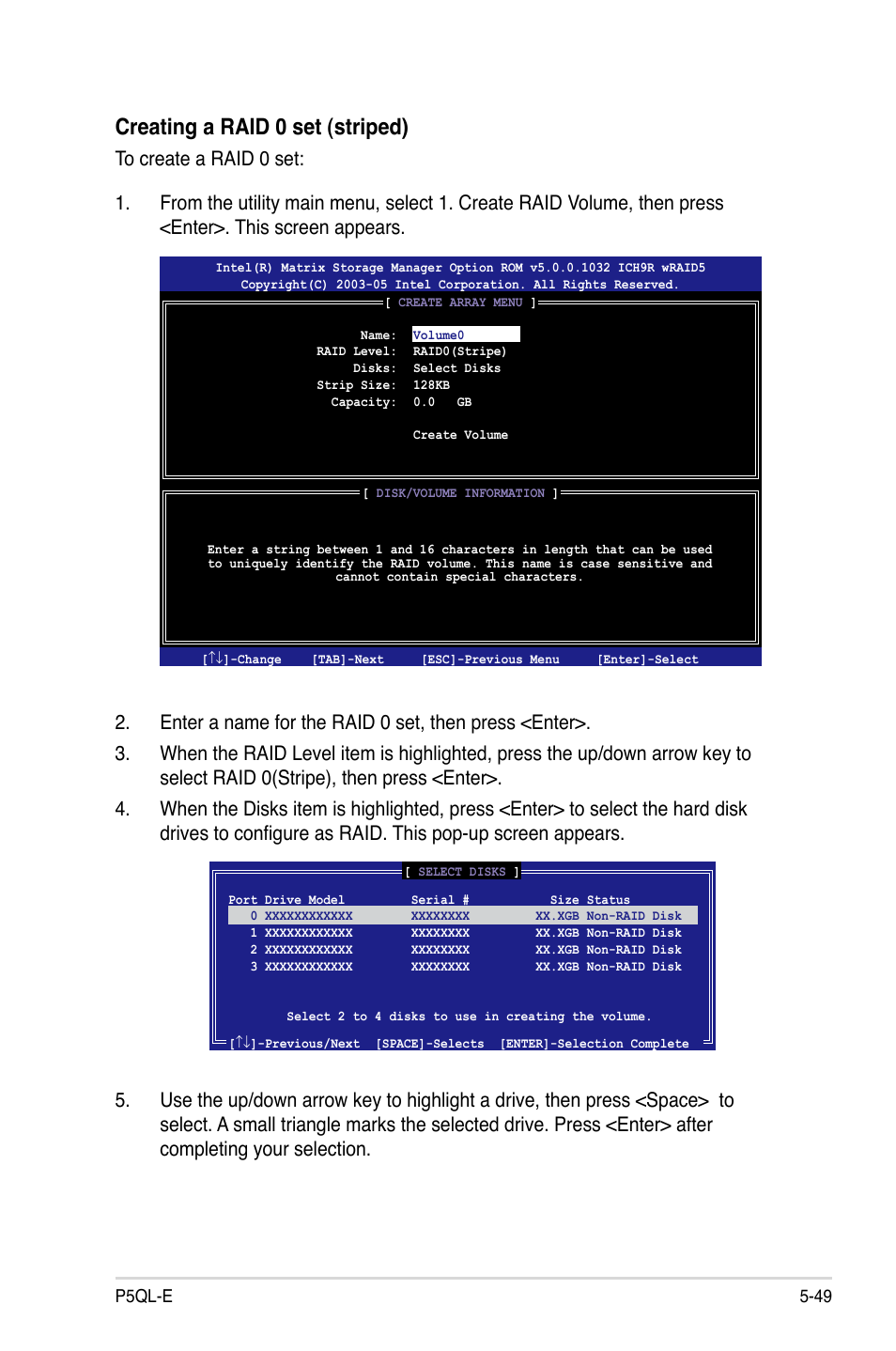 Creating a raid 0 set (striped) | Asus P5QL-E User Manual | Page 158 / 165