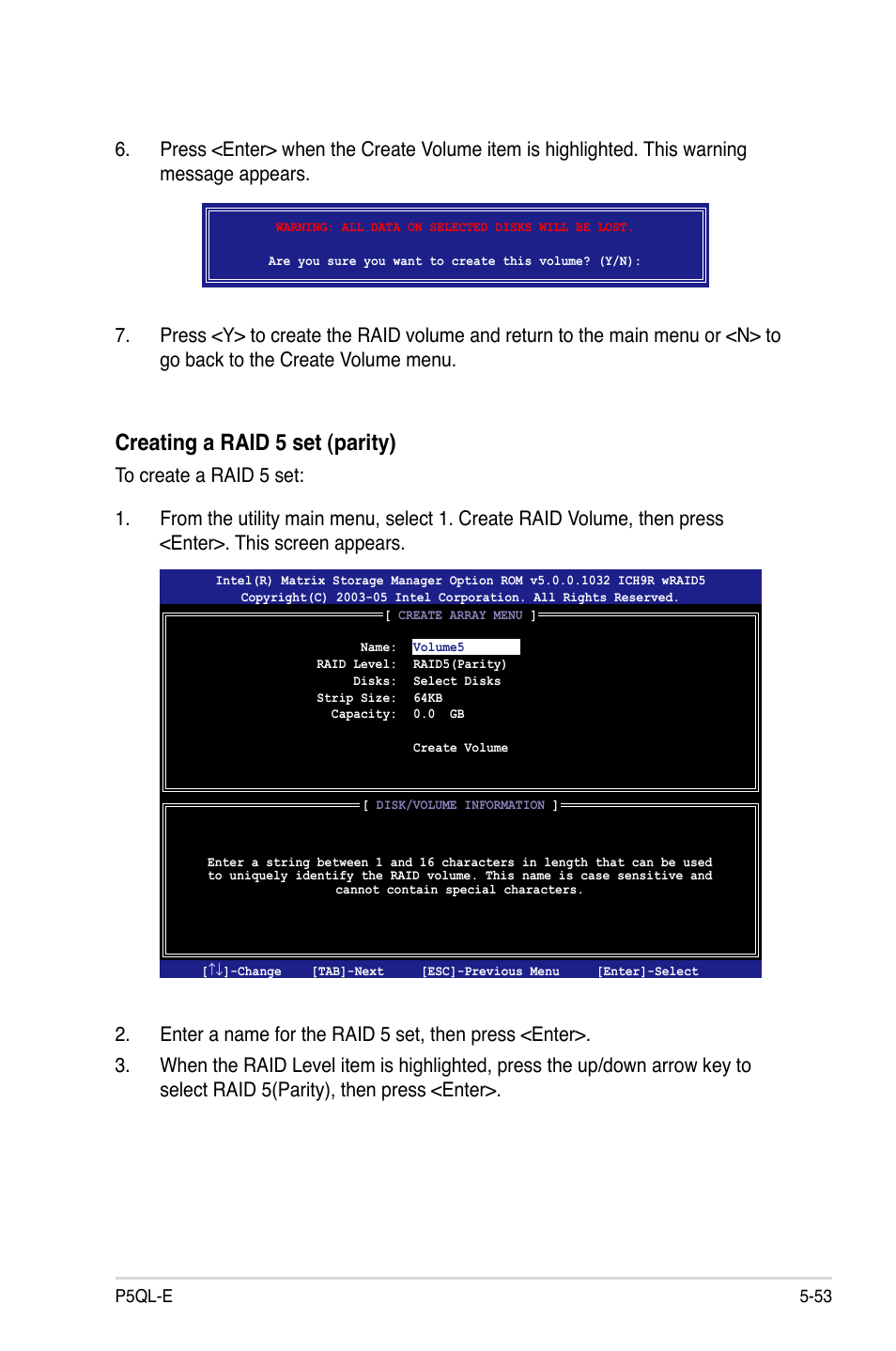 Creating a raid 5 set (parity) | Asus P5QL-E User Manual | Page 162 / 165