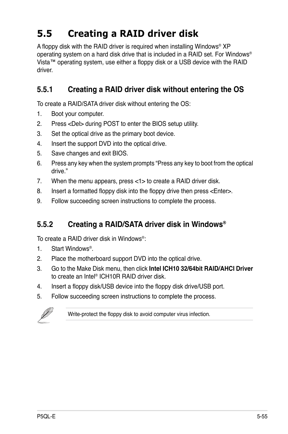 5 creating a raid driver disk, 2 creating a raid/sata driver disk in windows | Asus P5QL-E User Manual | Page 164 / 165