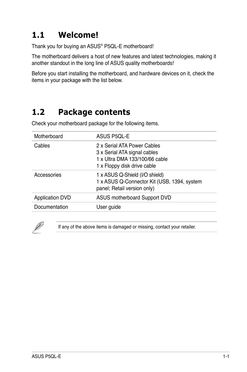 1 welcome, 2 package contents | Asus P5QL-E User Manual | Page 17 / 165