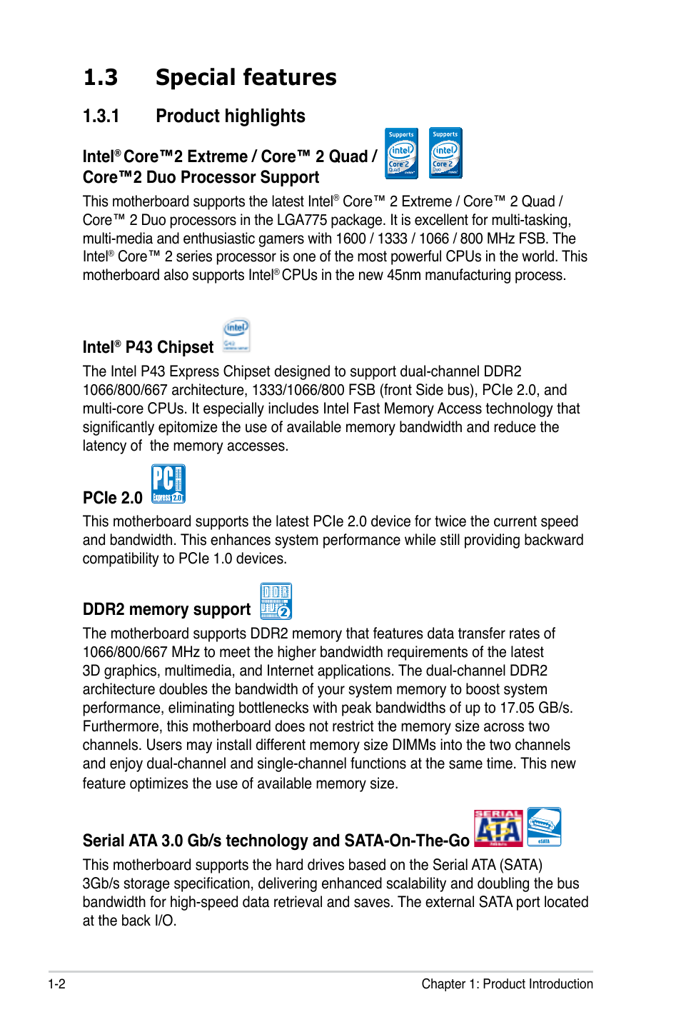 3 special features, 1 product highlights | Asus P5QL-E User Manual | Page 18 / 165