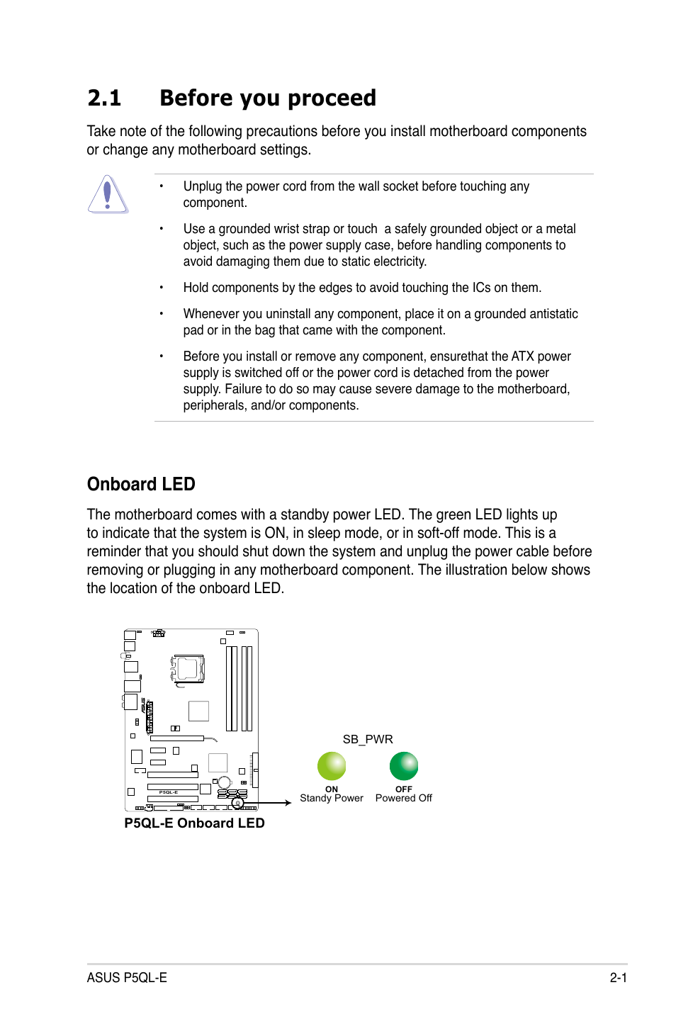1 before you proceed, Onboard led | Asus P5QL-E User Manual | Page 25 / 165