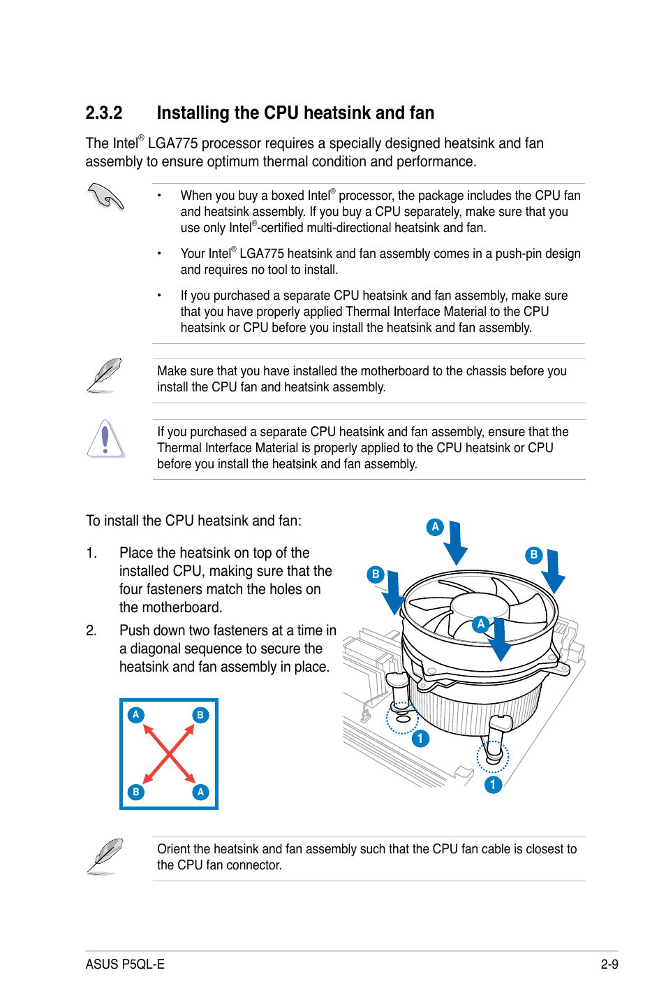 2 installing the cpu heatsink and fan | Asus P5QL-E User Manual | Page 33 / 165