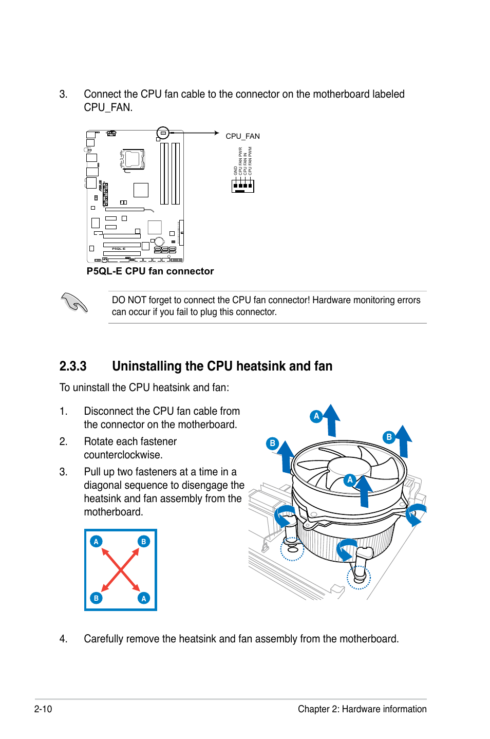 3 uninstalling the cpu heatsink and fan, 10 chapter 2: hardware information, P5ql-e cpu fan connector | Asus P5QL-E User Manual | Page 34 / 165