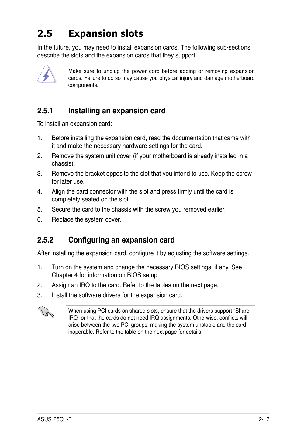 5 expansion slots, 1 installing an expansion card, 2 configuring an expansion card | Asus P5QL-E User Manual | Page 41 / 165