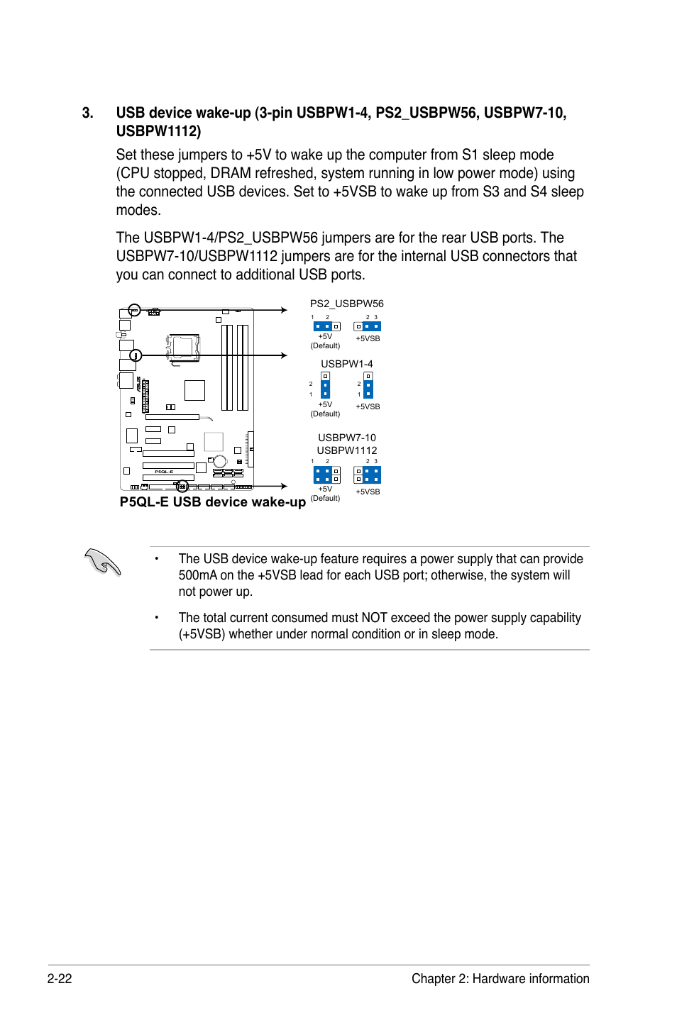 22 chapter 2: hardware information, P5ql-e usb device wake-up | Asus P5QL-E User Manual | Page 46 / 165