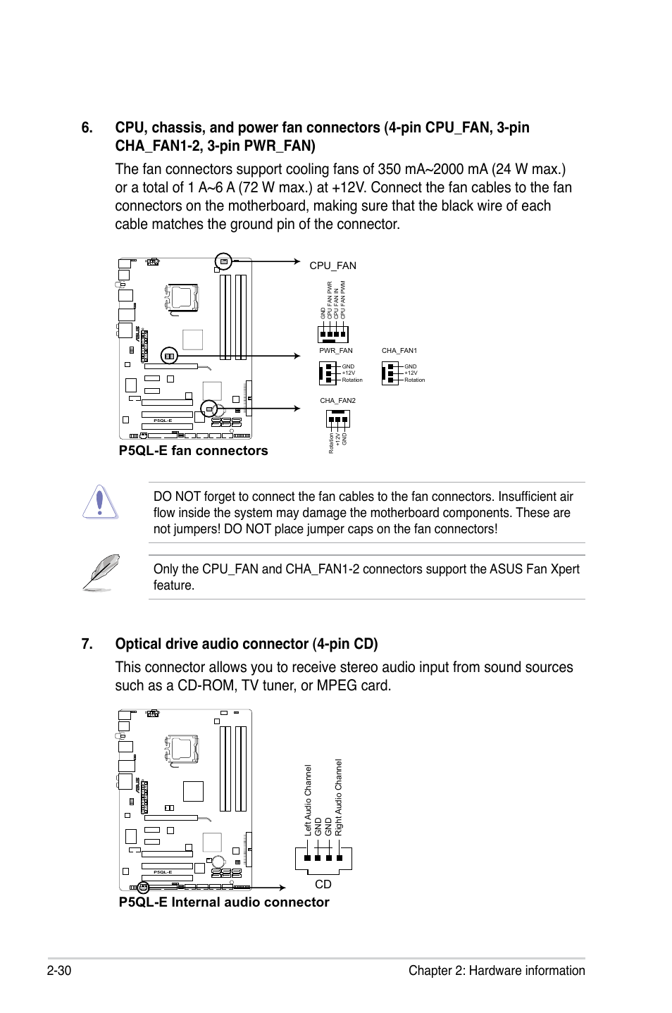 30 chapter 2: hardware information, P5ql-e fan connectors, P5ql-e internal audio connector | Asus P5QL-E User Manual | Page 54 / 165