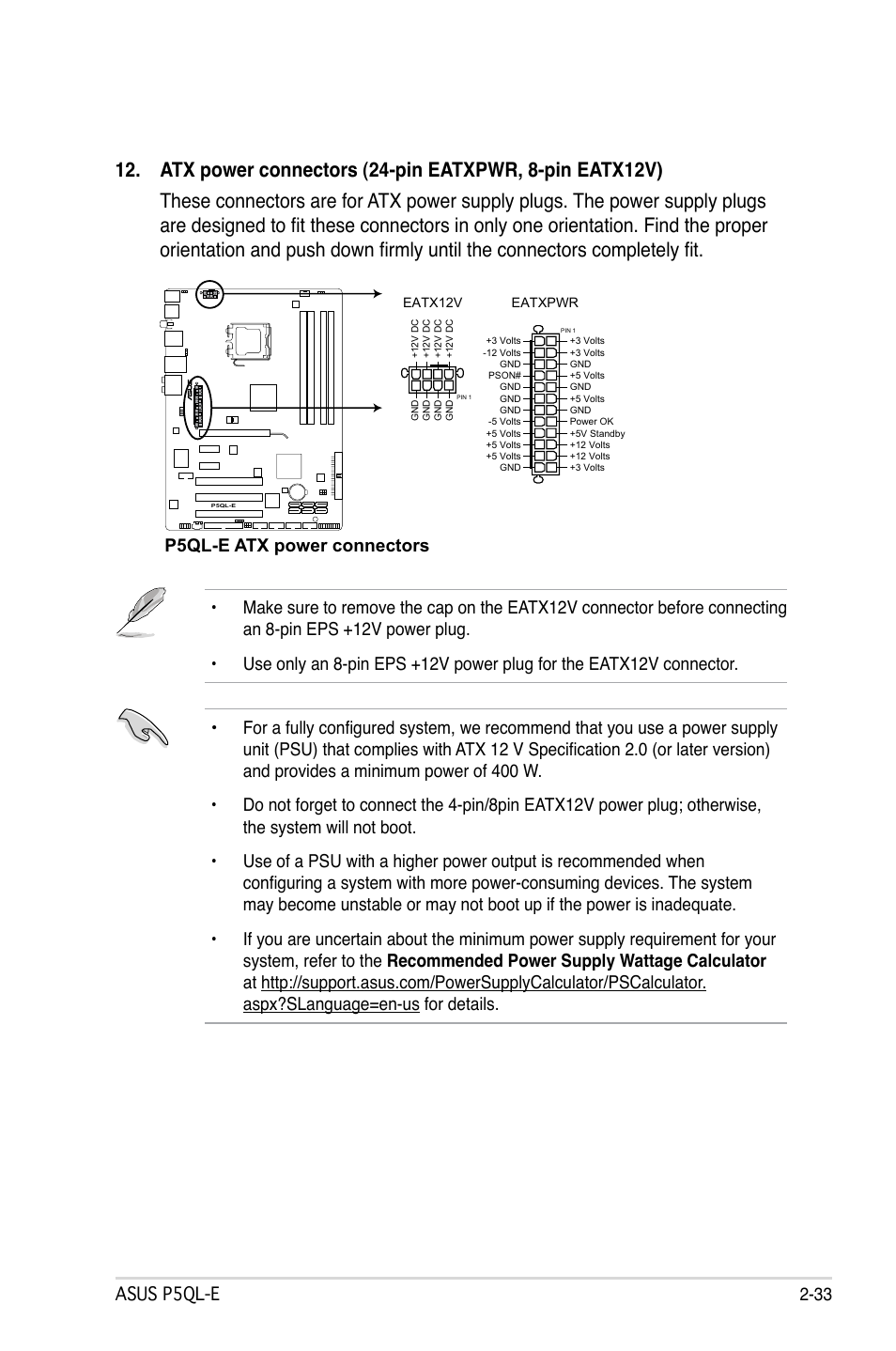 Asus p5ql-e 2-33, P5ql-e atx power connectors | Asus P5QL-E User Manual | Page 57 / 165