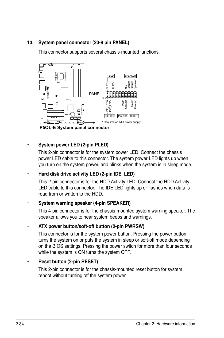 34 chapter 2: hardware information, P5ql-e system panel connector | Asus P5QL-E User Manual | Page 58 / 165