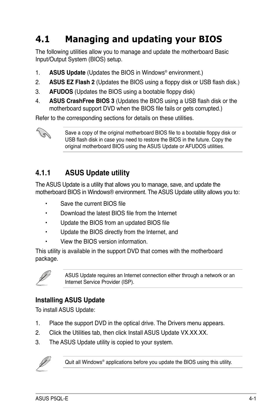 1 managing and updating your bios, 1 asus update utility | Asus P5QL-E User Manual | Page 66 / 165