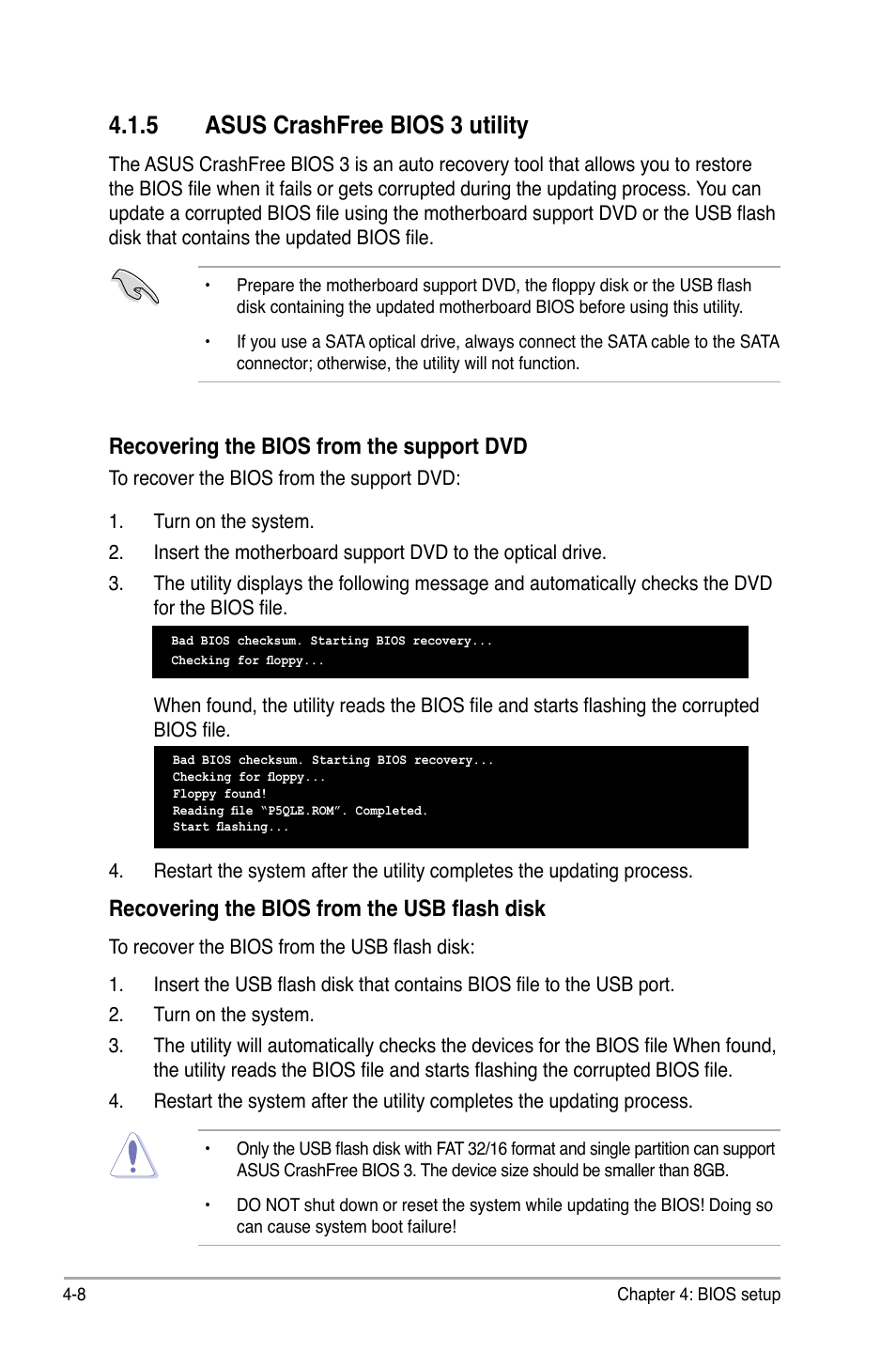 5 asus crashfree bios 3 utility, Recovering the bios from the support dvd, Recovering the bios from the usb flash disk | Asus P5QL-E User Manual | Page 73 / 165
