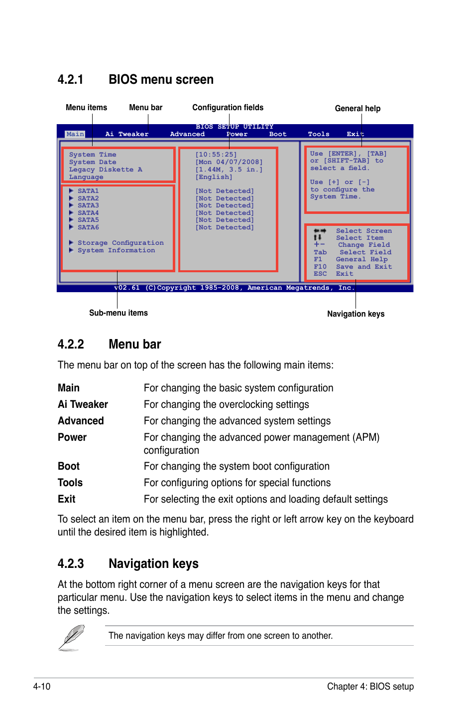 2 menu bar, 3 navigation keys, 1 bios menu screen | Asus P5QL-E User Manual | Page 75 / 165