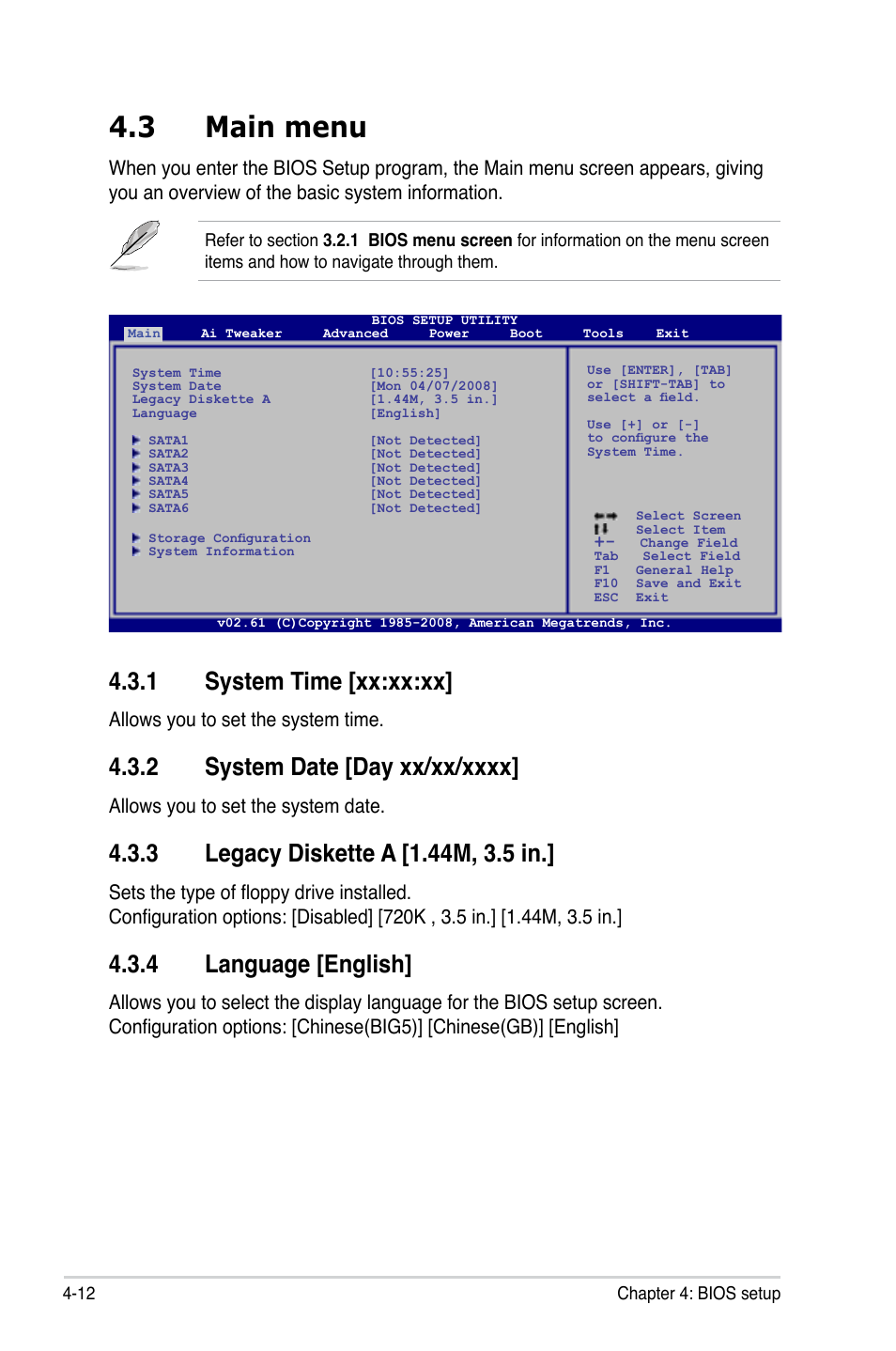 3 main menu, 1 system time [xx:xx:xx, 4 language [english | Allows you to set the system time, Allows you to set the system date | Asus P5QL-E User Manual | Page 77 / 165