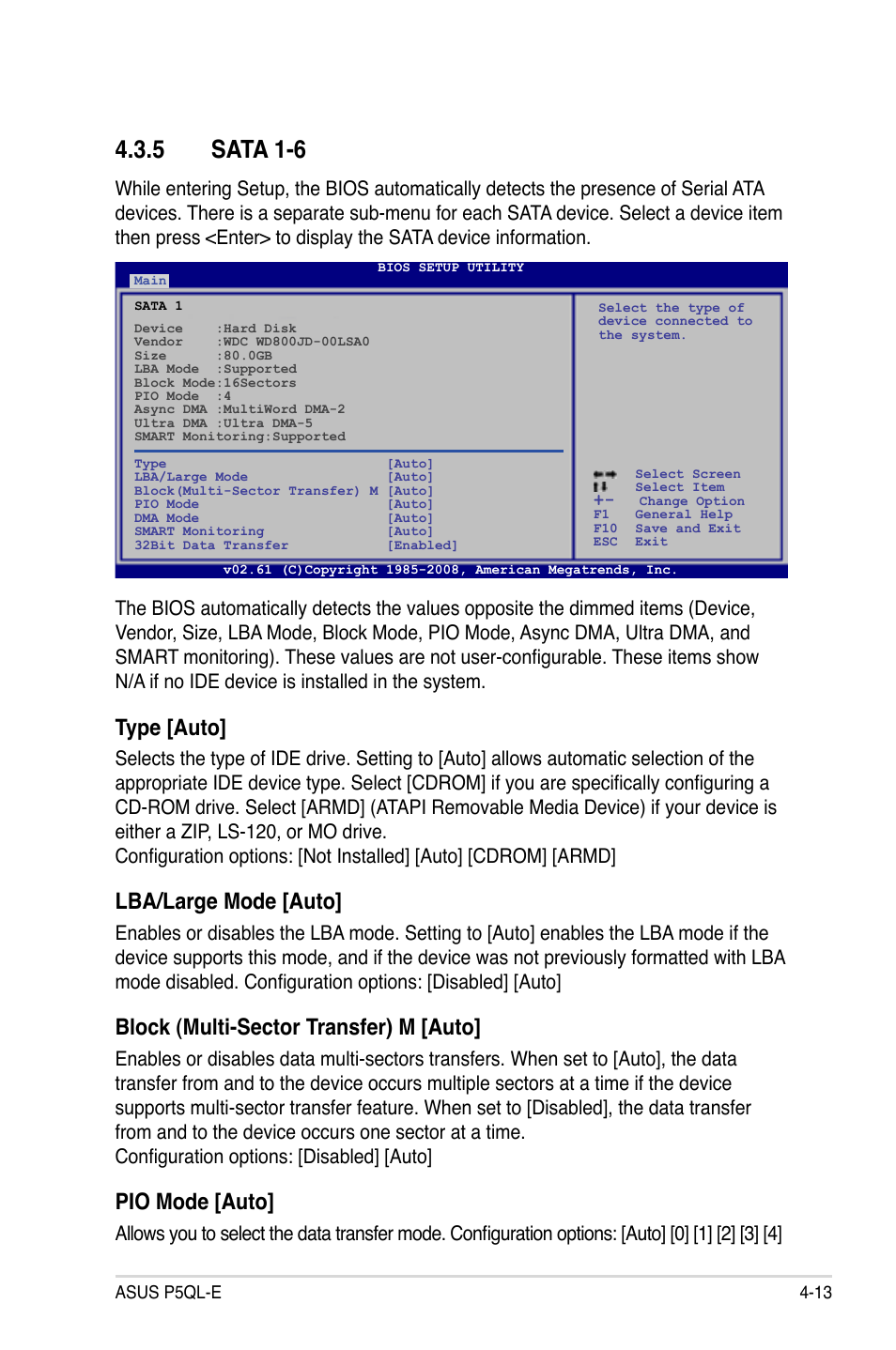 5 sata 1-6, Type [auto, Lba/large mode [auto | Block (multi-sector transfer) m [auto, Pio mode [auto | Asus P5QL-E User Manual | Page 78 / 165