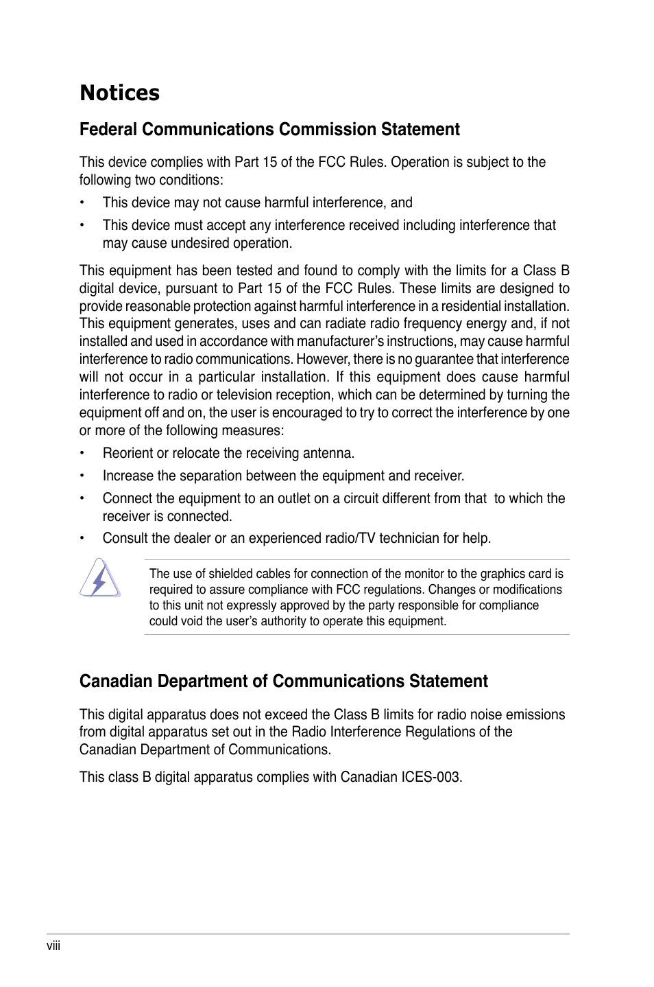 Notices, Federal communications commission statement, Canadian department of communications statement | Asus P5QL-E User Manual | Page 8 / 165