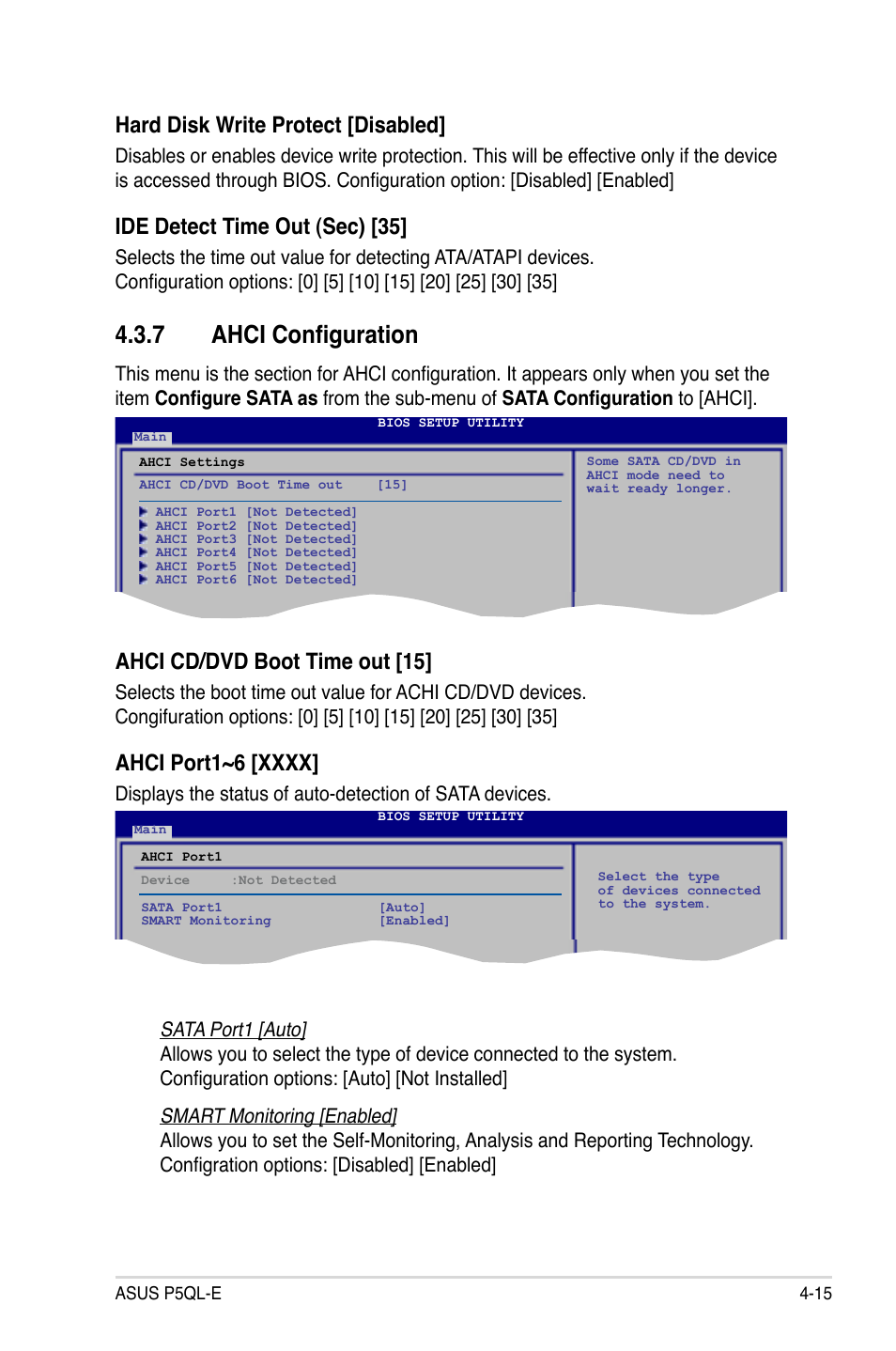 7 ahci configuration, Ahci cd/dvd boot time out [15, Hard disk write protect [disabled | Ide detect time out (sec) [35 | Asus P5QL-E User Manual | Page 80 / 165