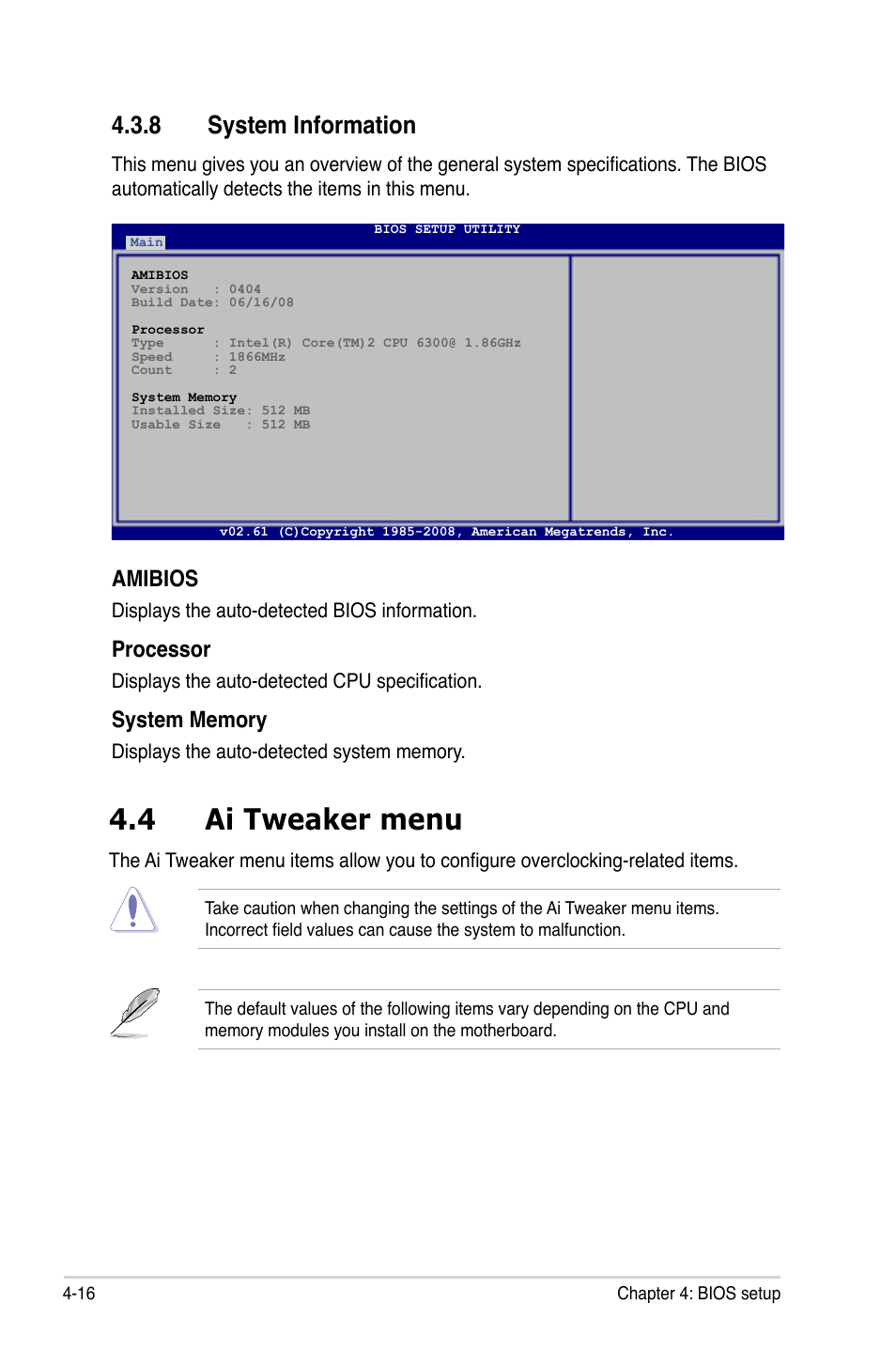 4 ai tweaker menu, 8 system information, Amibios | Processor | Asus P5QL-E User Manual | Page 81 / 165