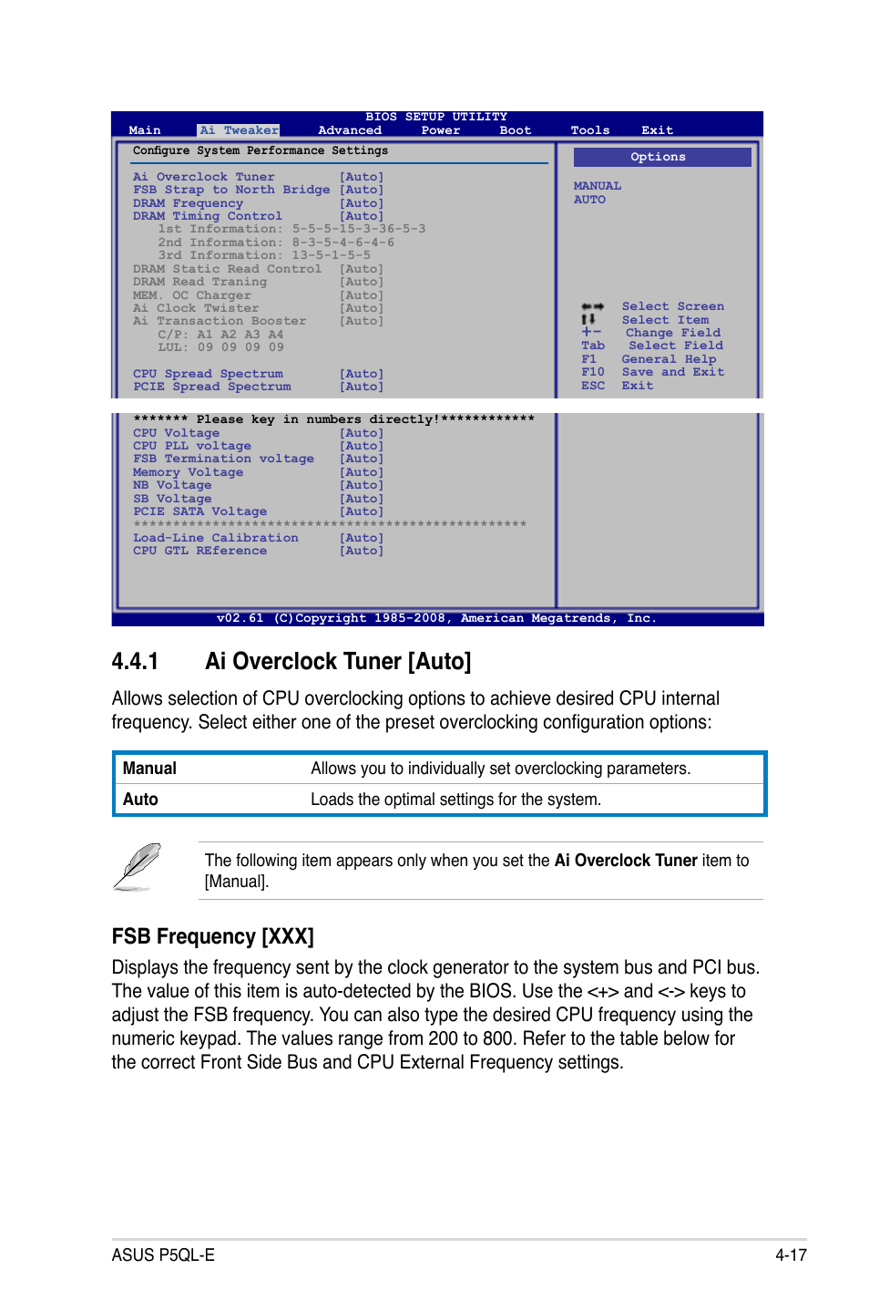1 ai overclock tuner [auto, Fsb frequency [xxx, Asus p5ql-e 4-17 | Asus P5QL-E User Manual | Page 82 / 165
