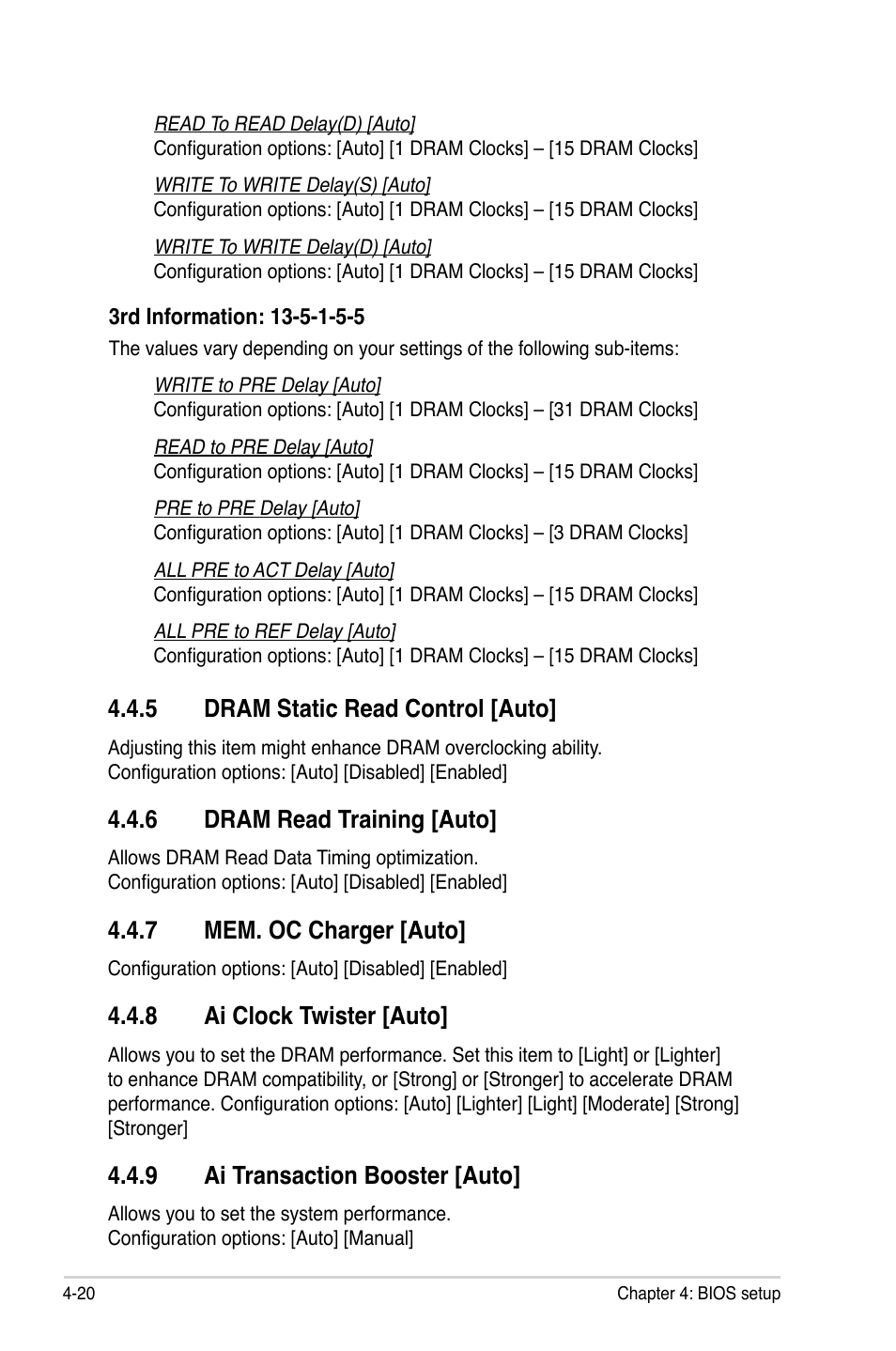 5 dram static read control [auto, 6 dram read training [auto, 7 mem. oc charger [auto | 8 ai clock twister [auto, 9 ai transaction booster [auto | Asus P5QL-E User Manual | Page 85 / 165