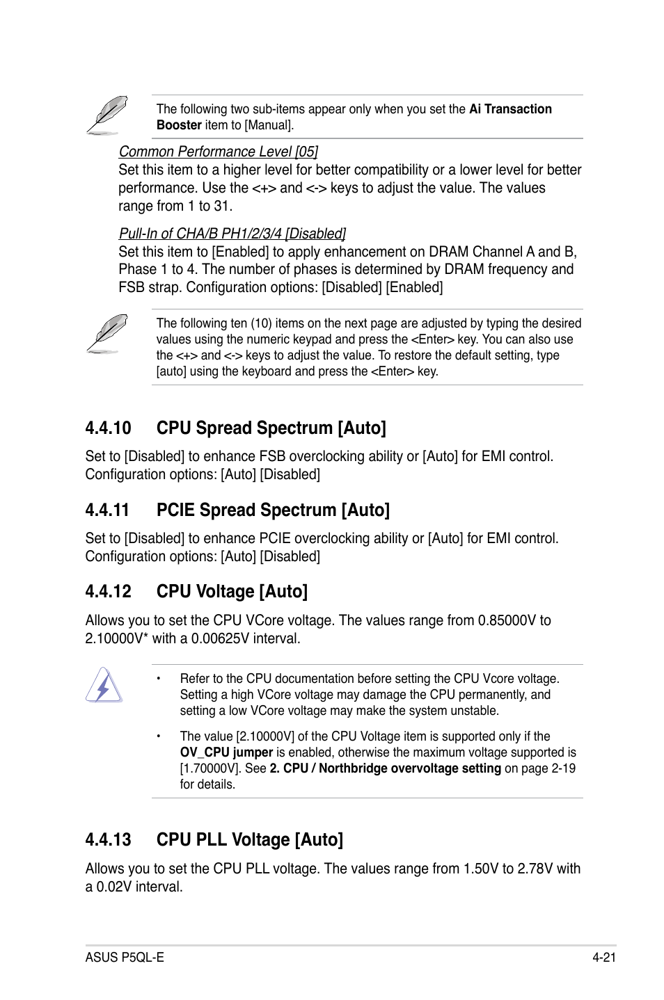 10 cpu spread spectrum [auto, 11 pcie spread spectrum [auto, 12 cpu voltage [auto | 13 cpu pll voltage [auto | Asus P5QL-E User Manual | Page 86 / 165