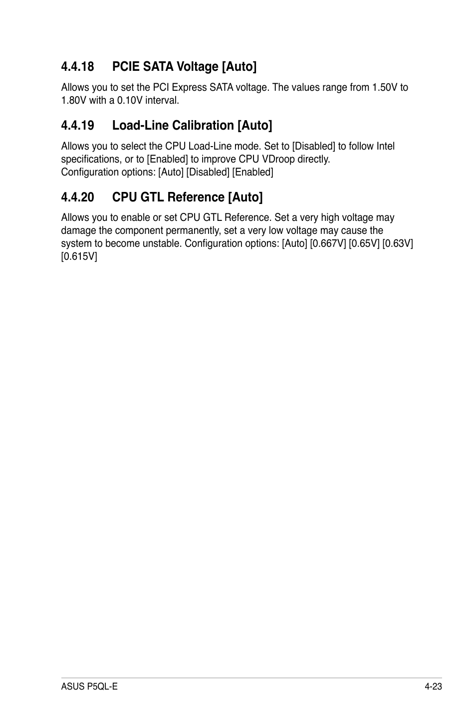 18 pcie sata voltage [auto, 19 load-line calibration [auto, 20 cpu gtl reference [auto | Asus P5QL-E User Manual | Page 88 / 165