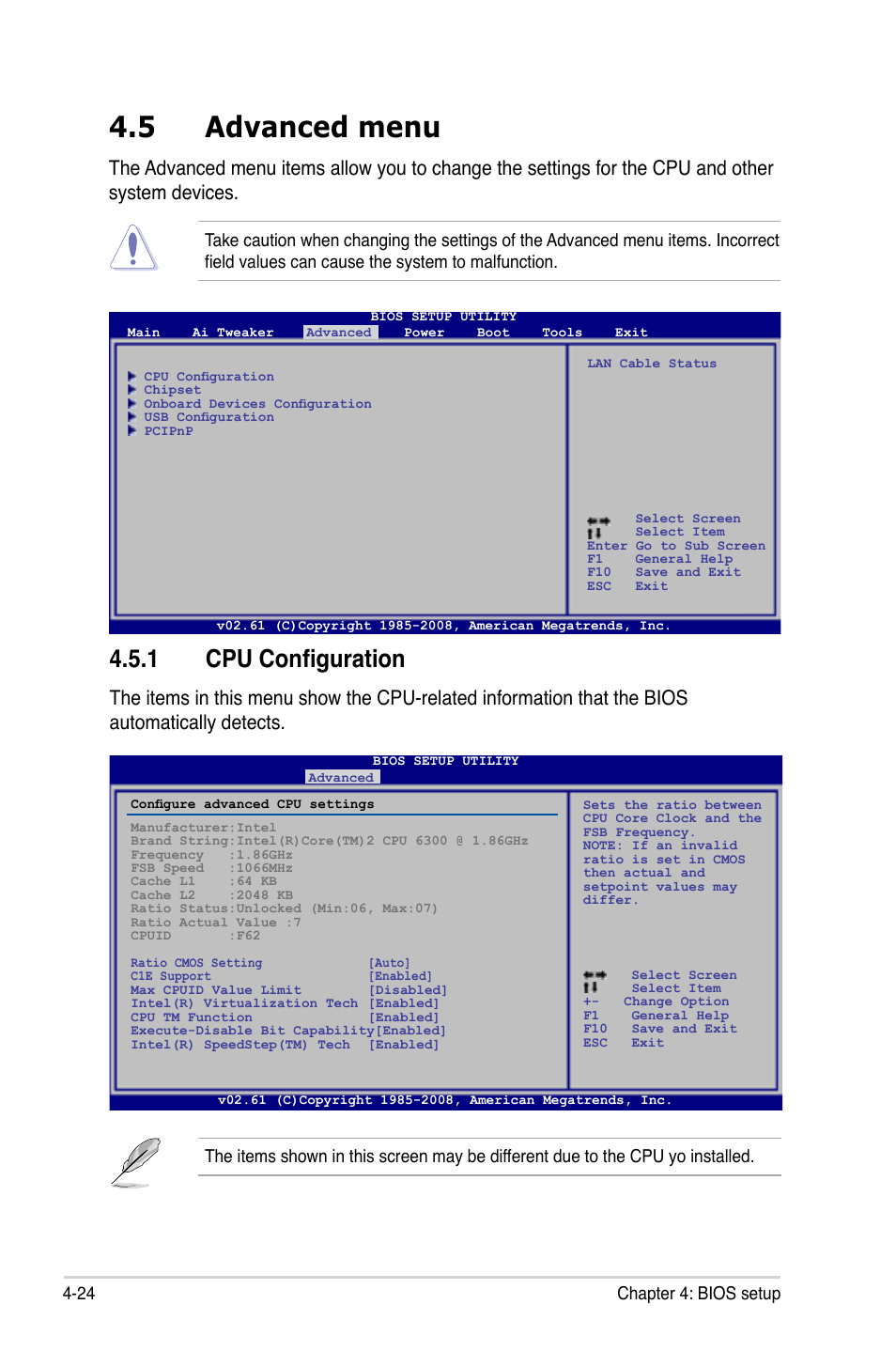 5 advanced menu, 1 cpu configuration, 24 chapter 4: bios setup | Asus P5QL-E User Manual | Page 89 / 165