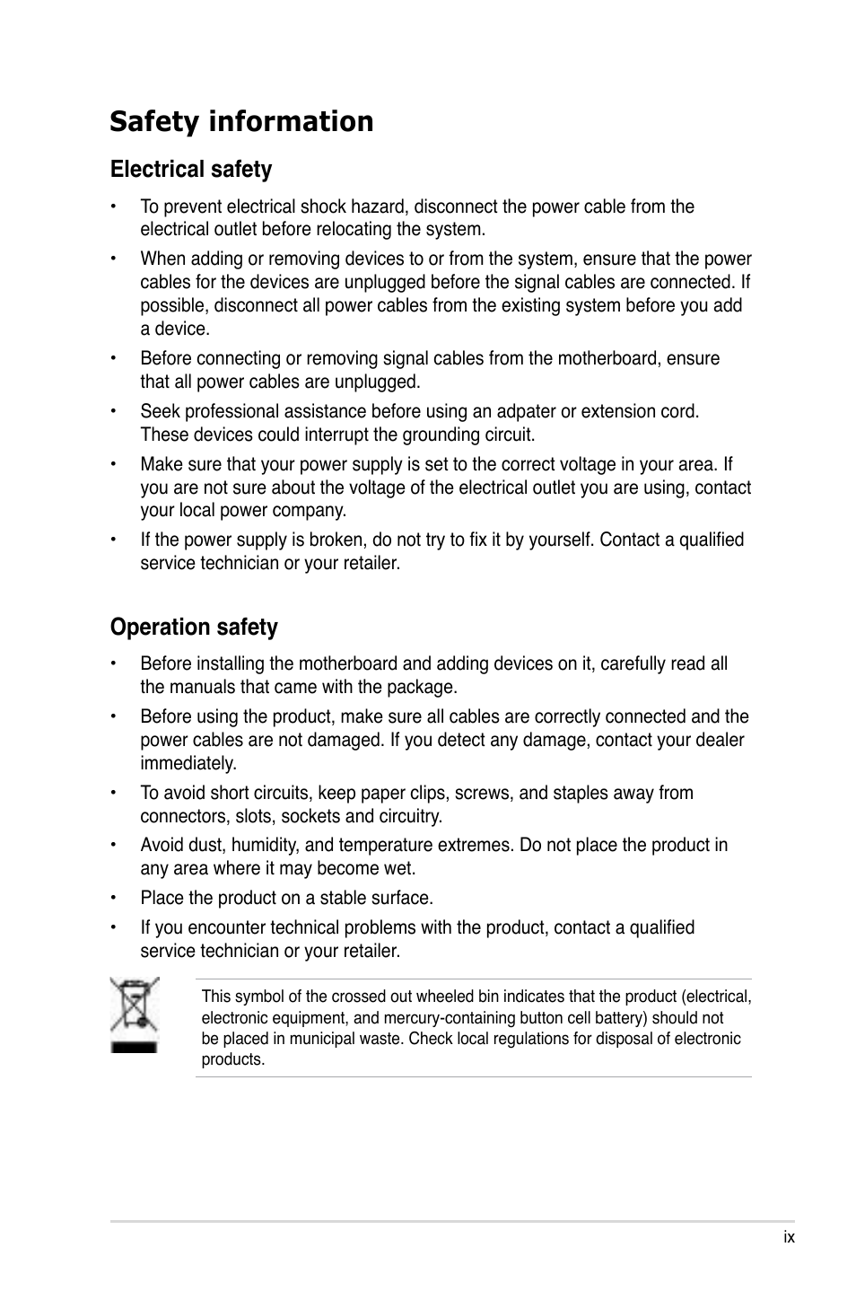 Safety information, Electrical safety, Operation safety | Asus P5QL-E User Manual | Page 9 / 165