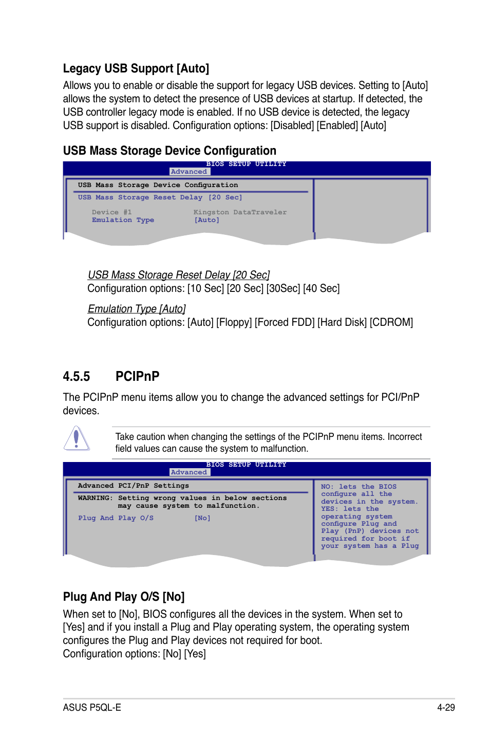 5 pcipnp, Plug and play o/s [no, Legacy usb support [auto | Usb mass storage device configuration | Asus P5QL-E User Manual | Page 94 / 165