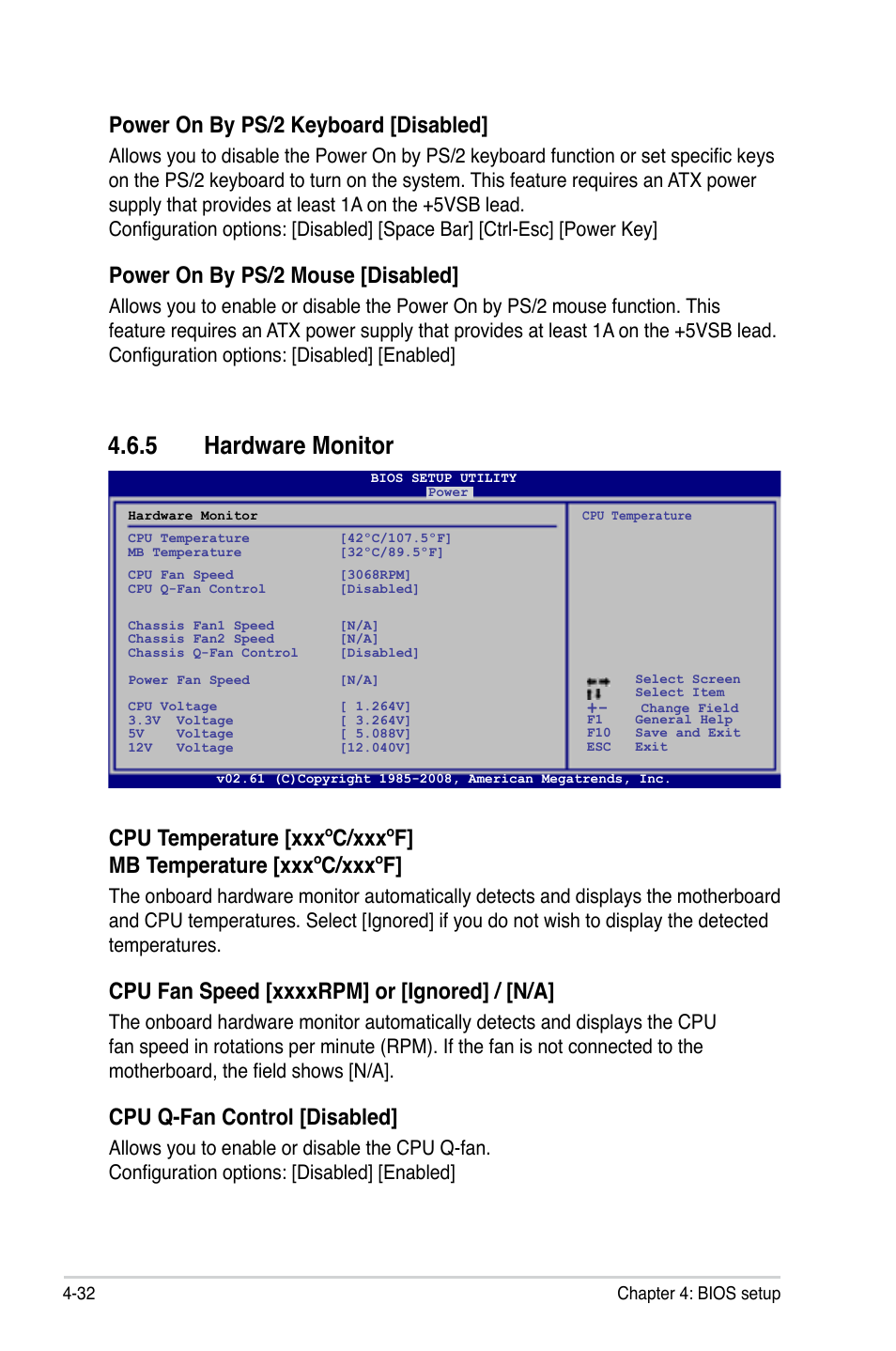 5 hardware monitor, Cpu q-fan control [disabled, Power on by ps/2 keyboard [disabled | Power on by ps/2 mouse [disabled | Asus P5QL-E User Manual | Page 97 / 165