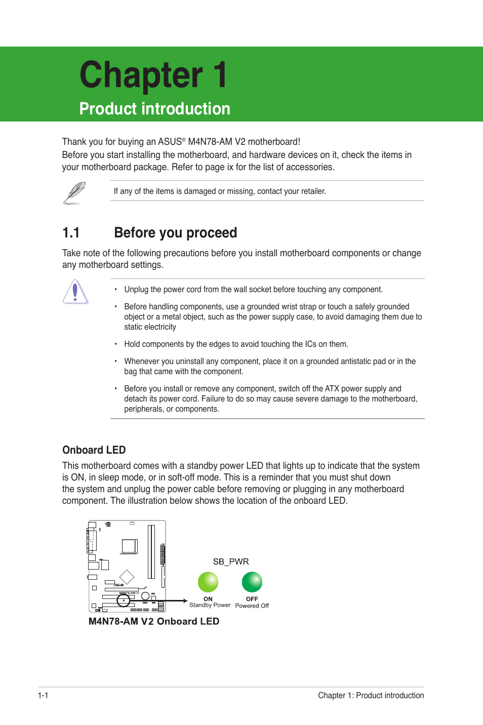 Chapter 1: product introduction, 1 before you proceed, Chapter 1 | Before you proceed -1, Product introduction | Asus M4N78-AM V2 User Manual | Page 10 / 40