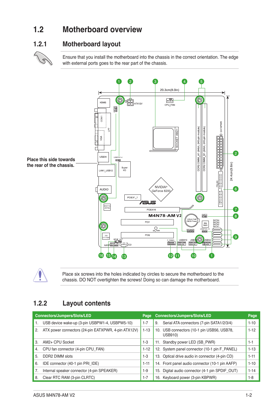 2 motherboard overview, 1 motherboard layout, 2 layout contents | Motherboard overview -2 1.2.1, Motherboard layout -2, Layout contents -2 | Asus M4N78-AM V2 User Manual | Page 11 / 40