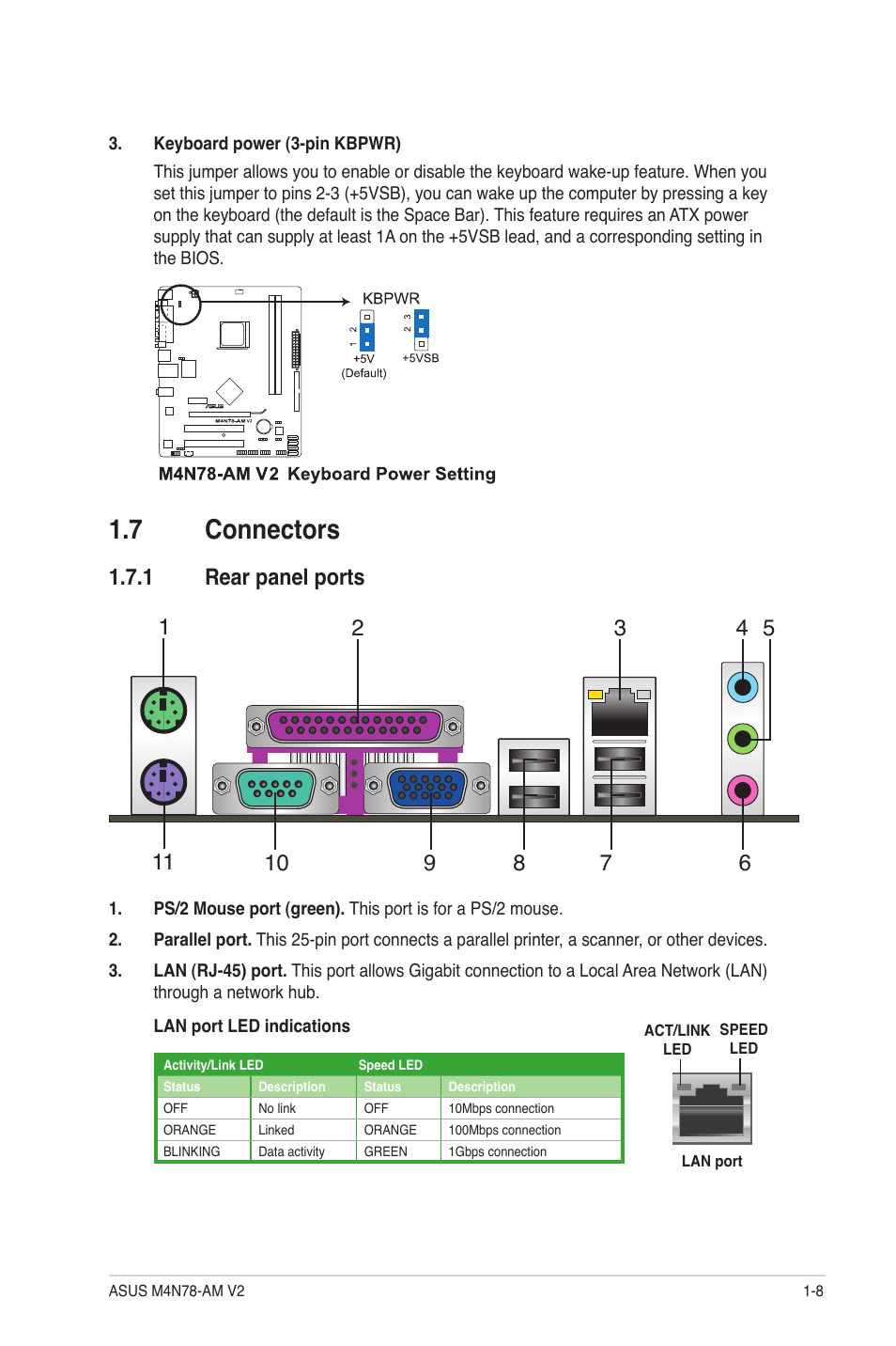 7 connectors, 1 rear panel ports, Connectors -8 1.7.1 | Rear panel ports -8 | Asus M4N78-AM V2 User Manual | Page 17 / 40