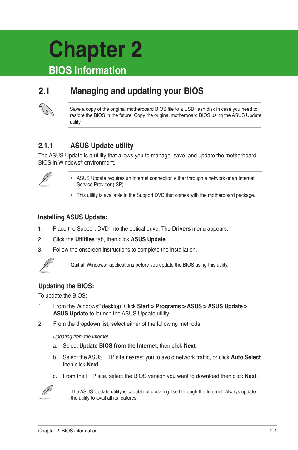 Chapter 2: bios information, 1 managing and updating your bios, 1 asus update utility | Chapter 2, Managing and updating your bios -1 2.1.1, Asus update utility -1, Bios information | Asus M4N78-AM V2 User Manual | Page 25 / 40